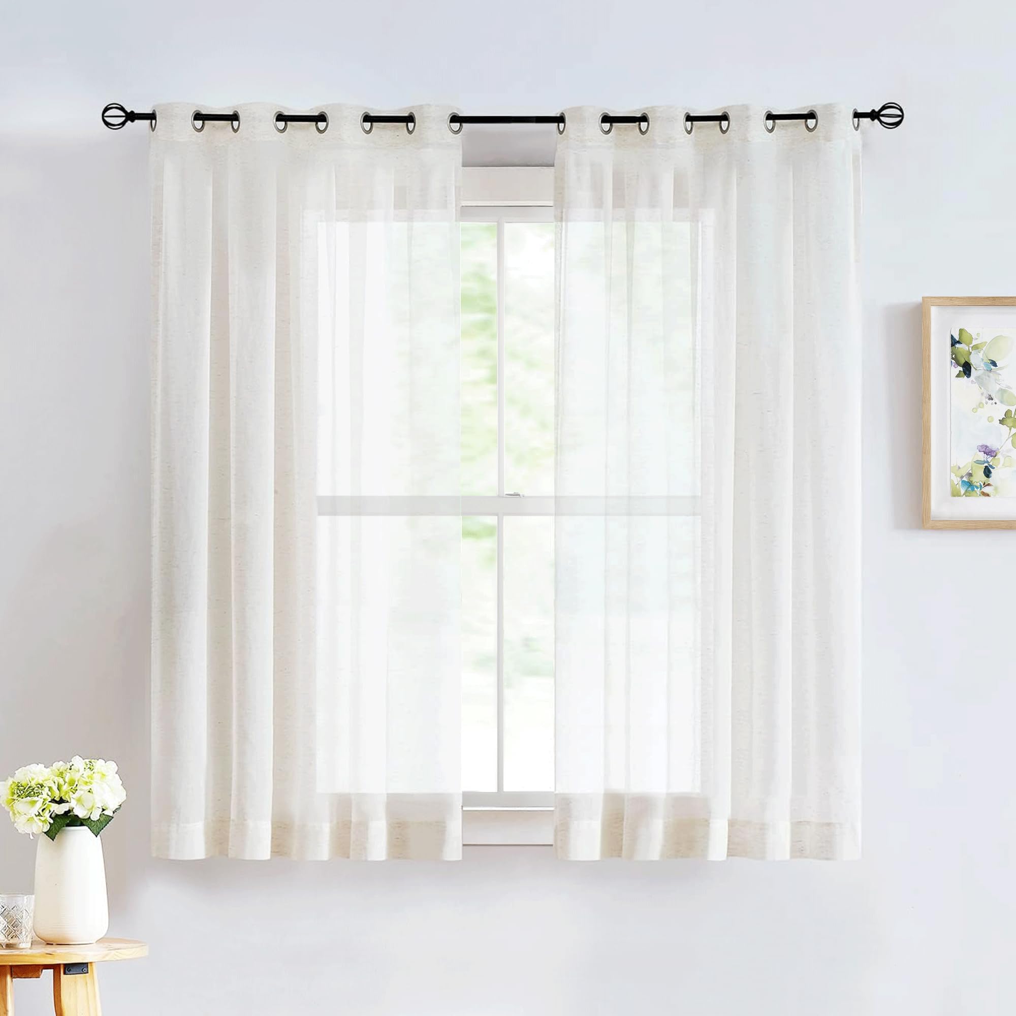 FMFUNCTEX Linen Sheer Curtains for Living Room, Beige Curtains 96 inches Long for Bedroom, Natural Flax Blend Window Draperies for Farmhouse Curtain, Rod Pocket 2 Panels