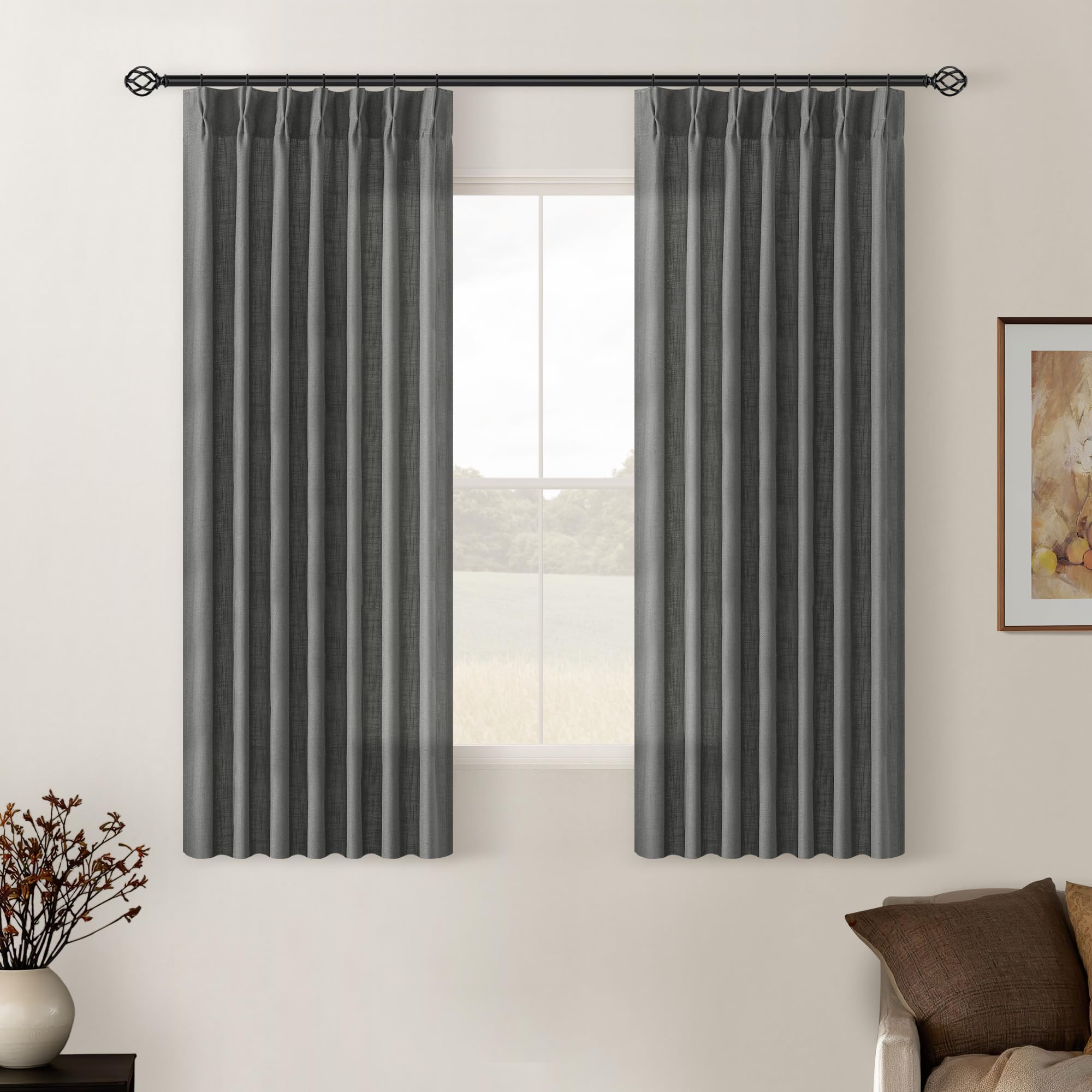 Natural Pinch Pleated Linen Curtains 84 Inch Length 2 Panels for Living Room Bedroom Textured Cream Ivory Birch Semi Sheer Boho Neutral Back Tab Pinch Pleat Hooks Rings Window Curtain 84 Inches Long