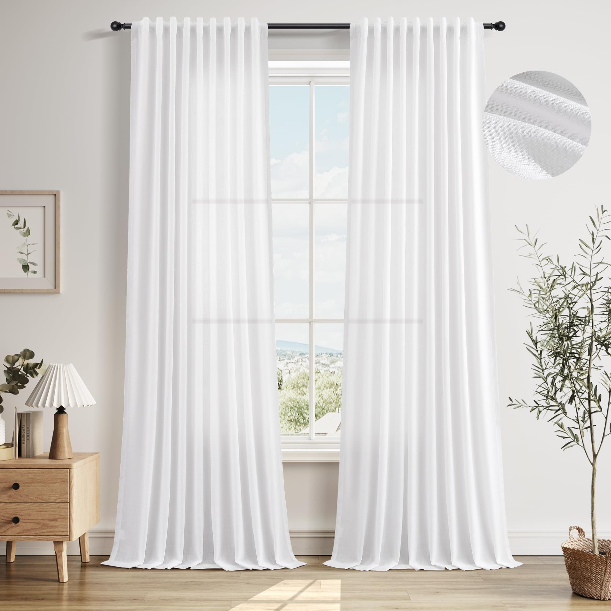 Nanspring Linen Curtains 80 Inches Long for Living Room Semi Sheer Light Filtering Curtain Back Tab Neutral Boho Modern Farmhouse Window Drapes for Bedroom 52x80 2 Panels Cream Ivory Beige Natural