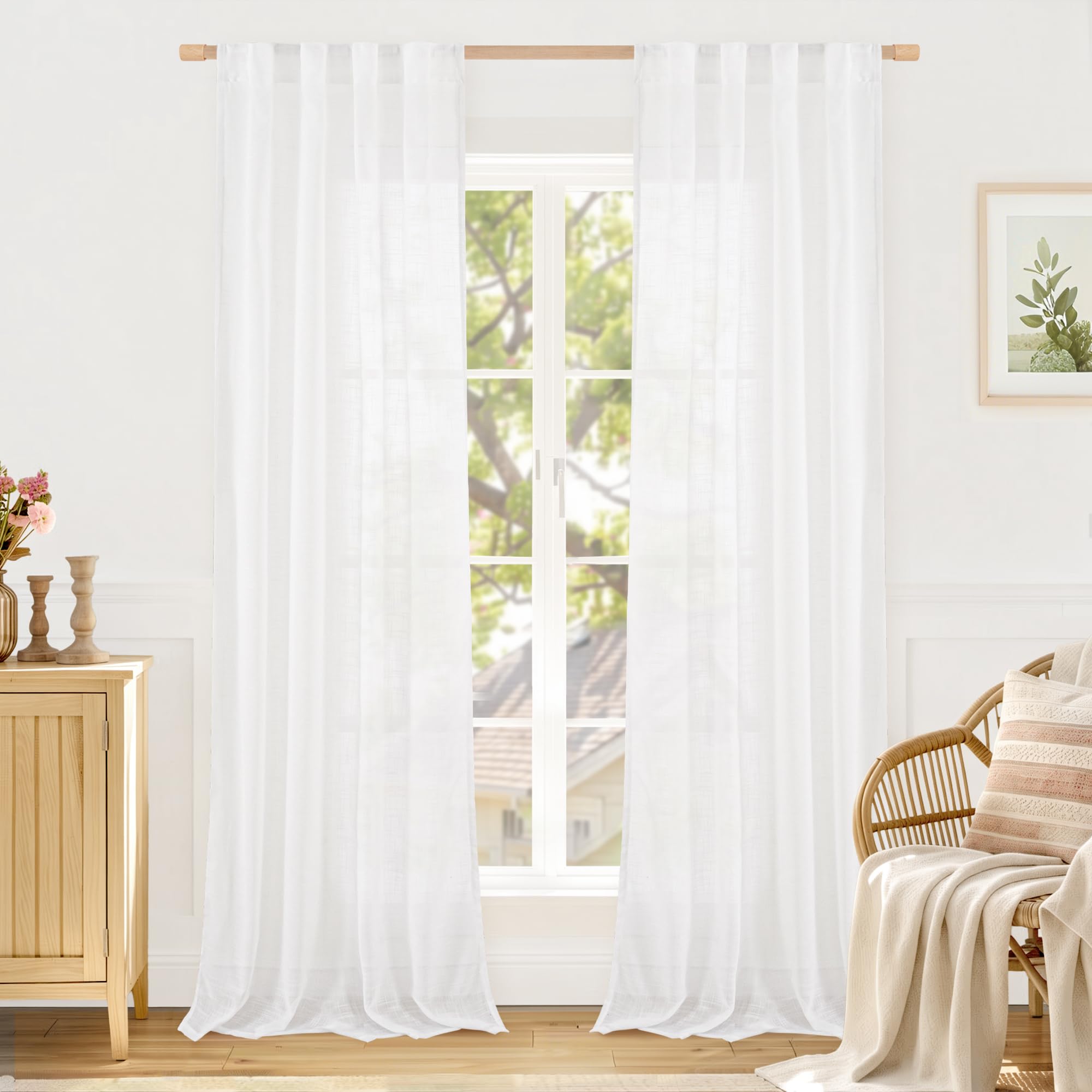 LAMIT Natural Linen Sheer Curtains 90 Inches Long 2 Panels, Long Light Filtering Window Treatments Back Tab and Rod Pocket Farmhouse Boho Panels for Living Room/Bedroom/Dining Room, 52 x 90 Inch
