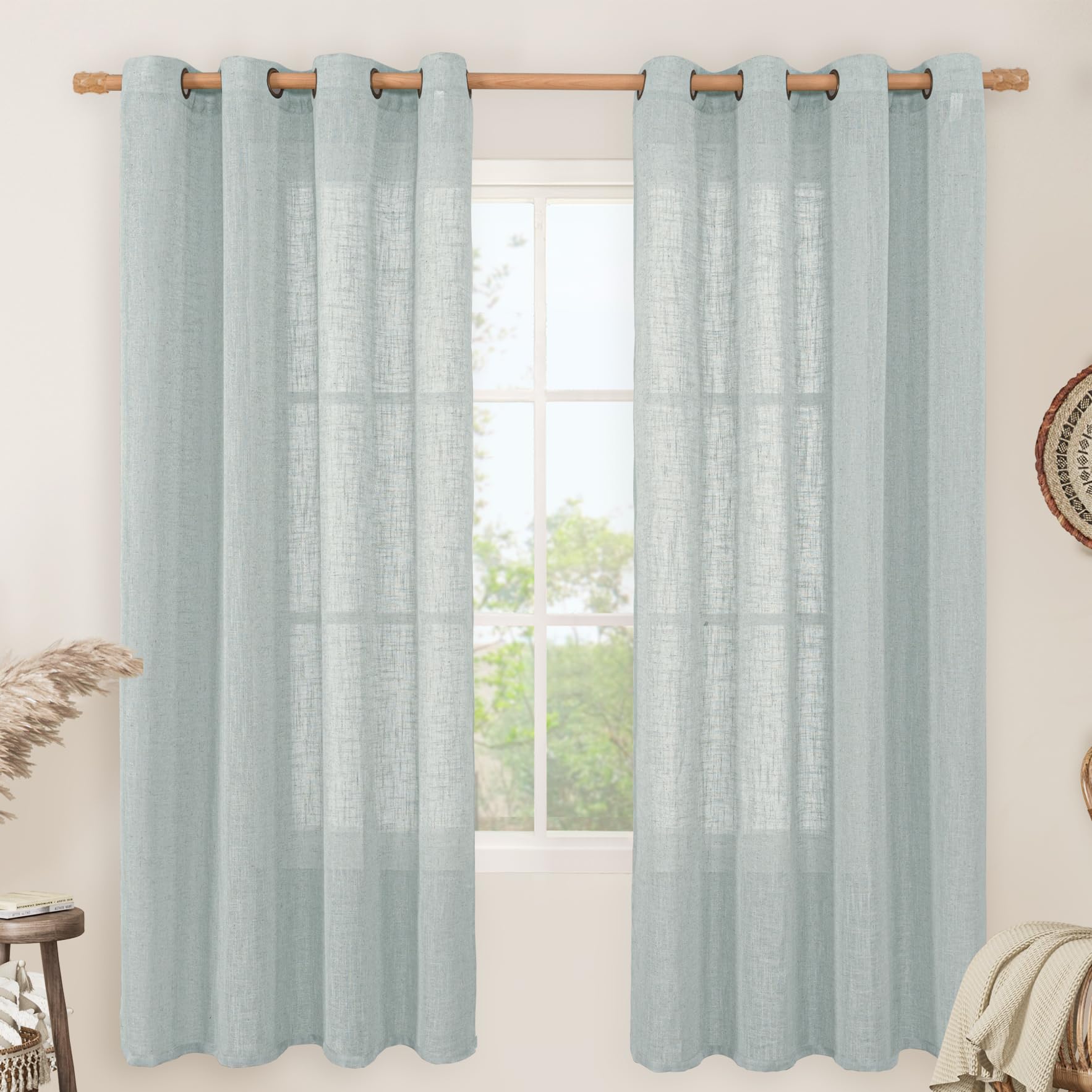 LAMIT Natural Cream Ivory Long Linen Curtains for Living Room, 108 inches Long Bronze Grommet Light Filtering Window Textured Neutral Sheer Drapes for Bedroom Farmhouse, 2 Panels, 52 x 108 Inch