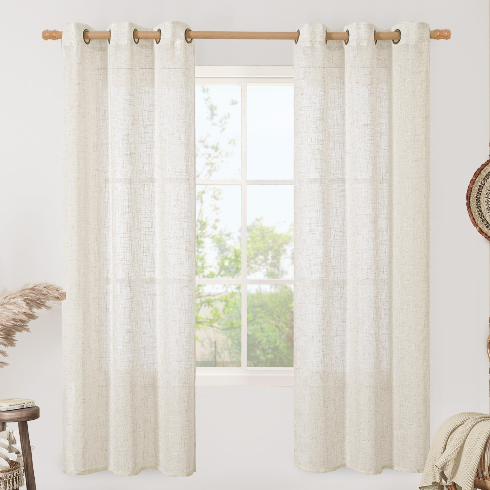 LAMIT Natural Cream Ivory Long Linen Curtains for Living Room, 108 inches Long Bronze Grommet Light Filtering Window Textured Neutral Sheer Drapes for Bedroom Farmhouse, 2 Panels, 52 x 108 Inch