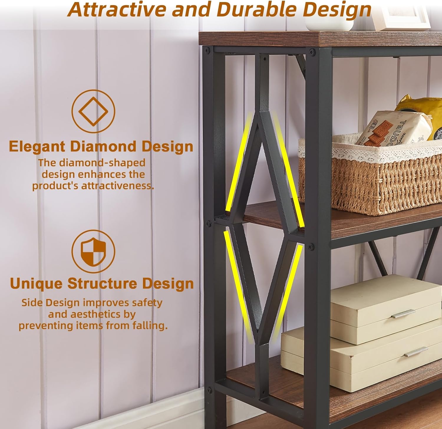 HOMISSUE Sofa Console Table, Rustic Console Table with 3-Tier Storage, Engineered Wood Sofa Tables with Open Shelves, Heavy Duty Entryway Tables for Living Room, Hallway (47 Inch, Rustic Brown)