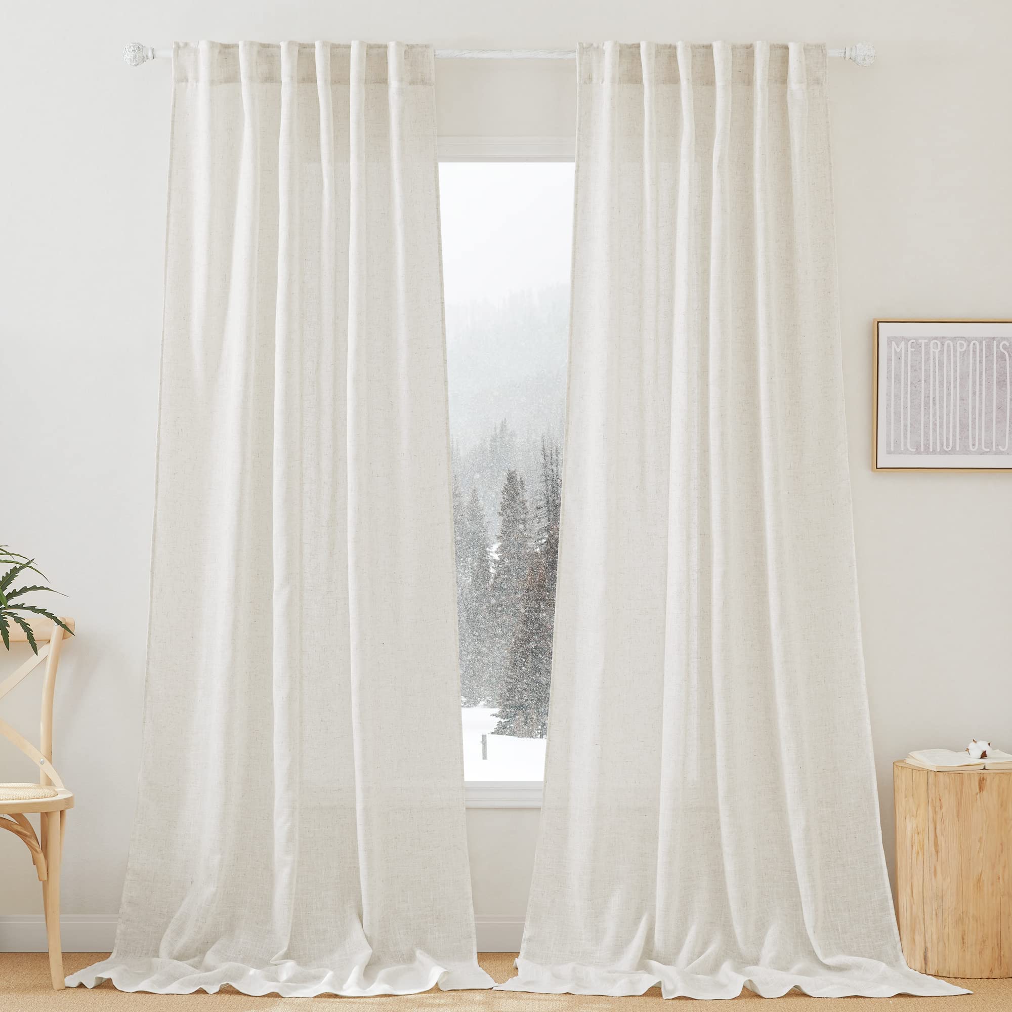 RYB HOME Semi Sheer Curtains 102 inches Long, Back Tab Light Filtration Half Privacy Window Curtains & Drapes for Bedroom Living Room, Linen, W 52 x L 102 inches, 2 Panels Set