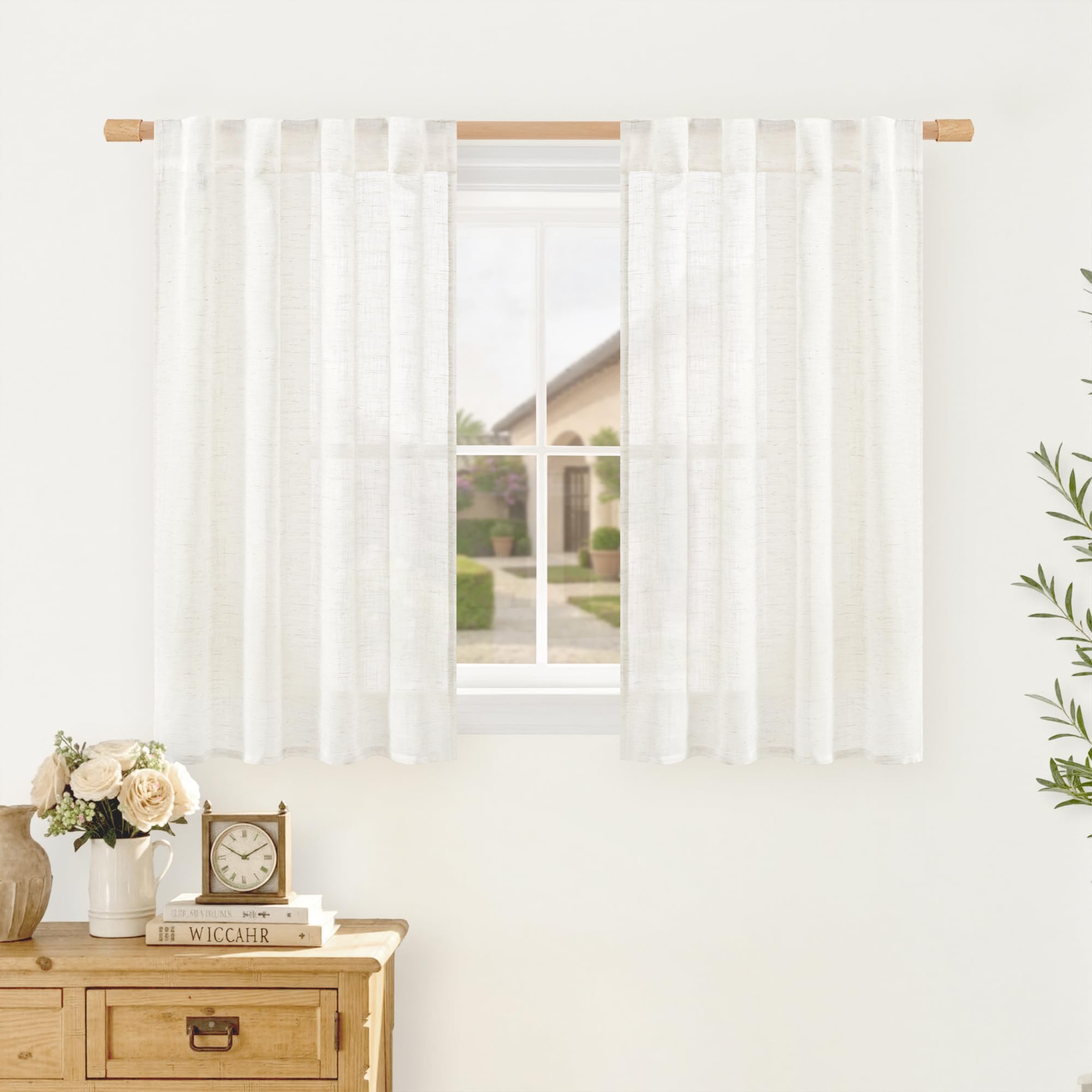 LAMIT Natural Linen Sheer Curtains 90 Inches Long 2 Panels, Long Light Filtering Window Treatments Back Tab and Rod Pocket Farmhouse Boho Panels for Living Room/Bedroom/Dining Room, 52 x 90 Inch