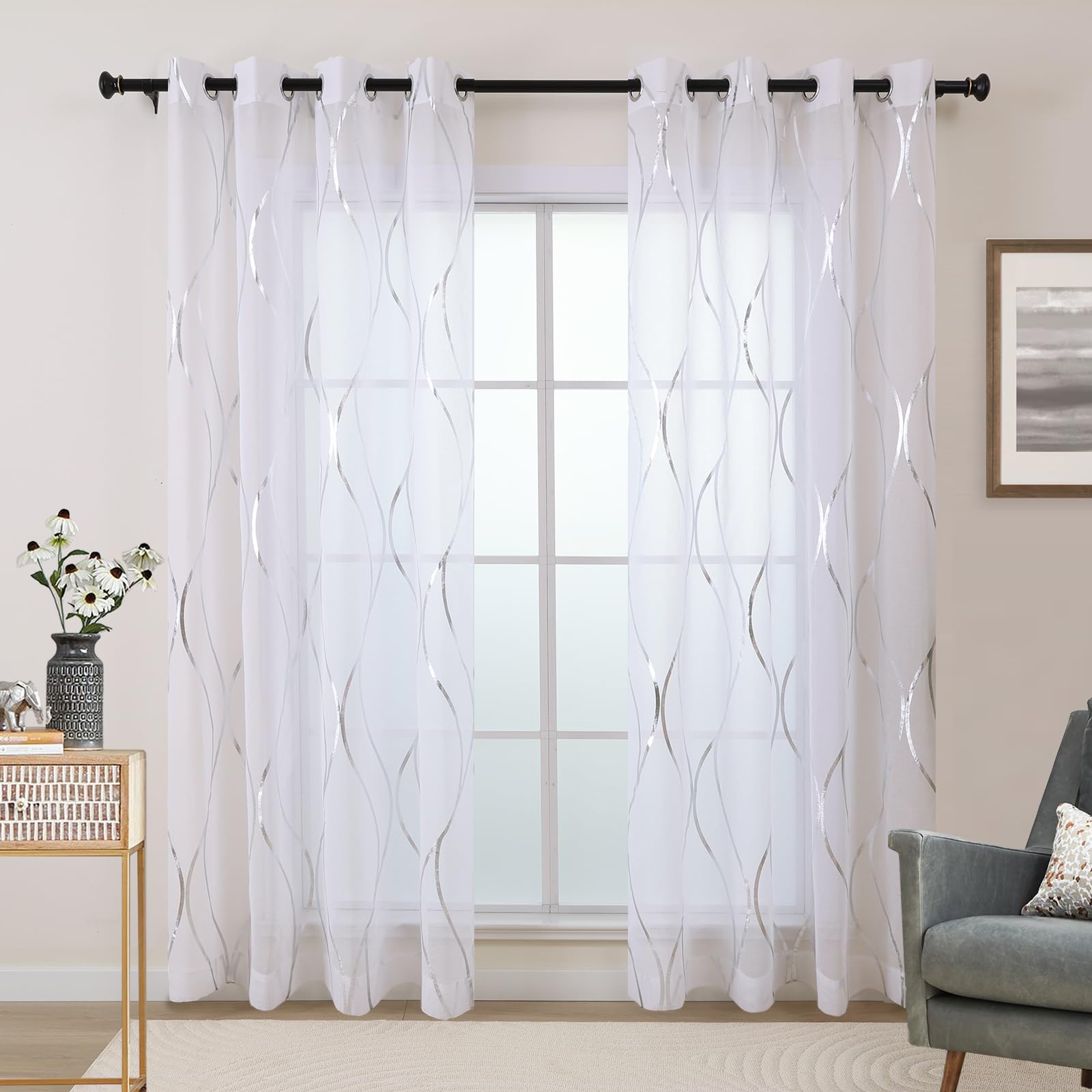 L.Z.E Gold White Sheer Curtains 108 Inches Long 2 Panels Set for Living Room Bedroom See Through Sheer Curtains Grommet Top Transparent Sheers with Wave Pattern Extra Long