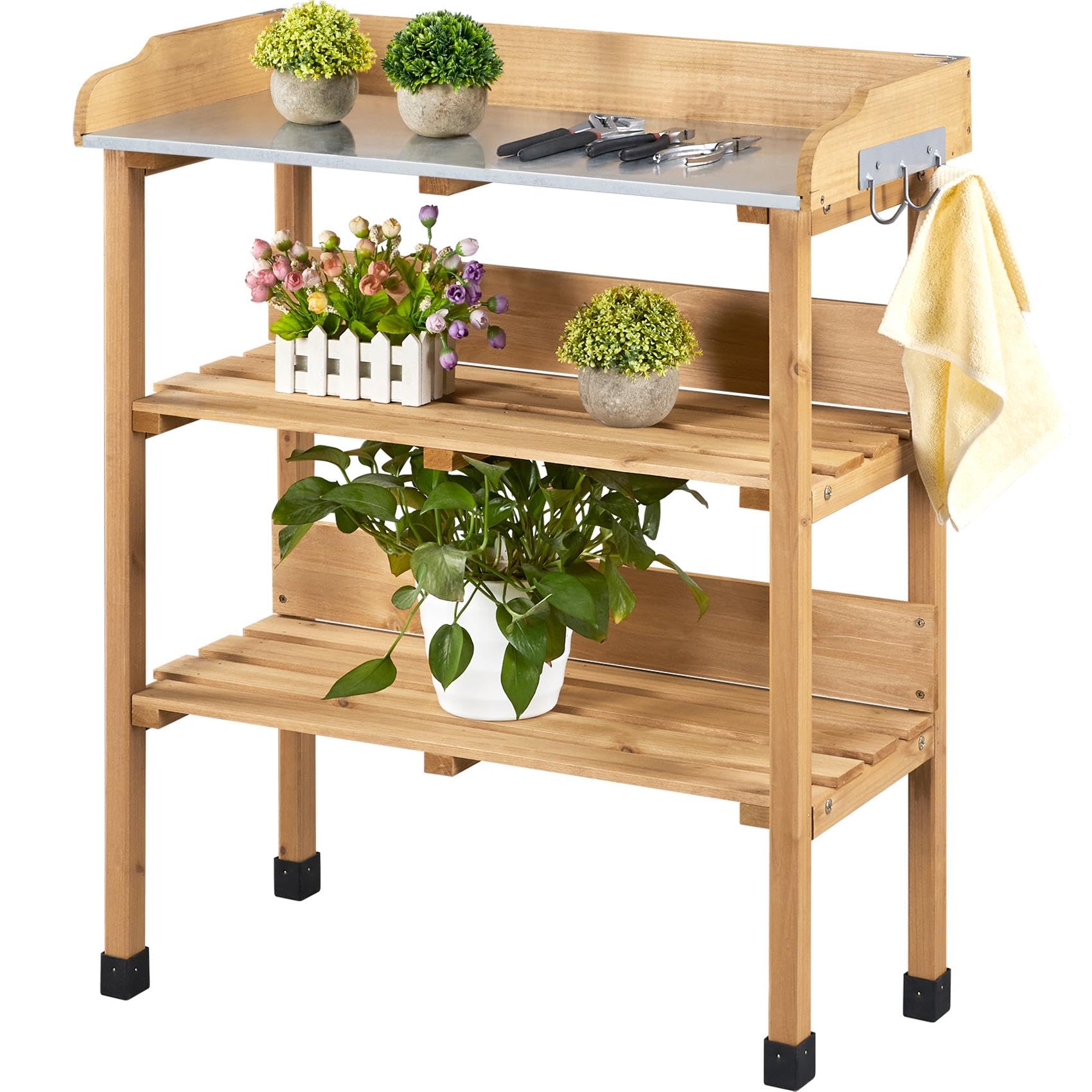 Yaheetech Outdoor Garden Potting Bench Table Wooden Horticulture Planting Worstation w/Metal Tabletop/Storage Shelf/3 Hooks, Natural Wood
