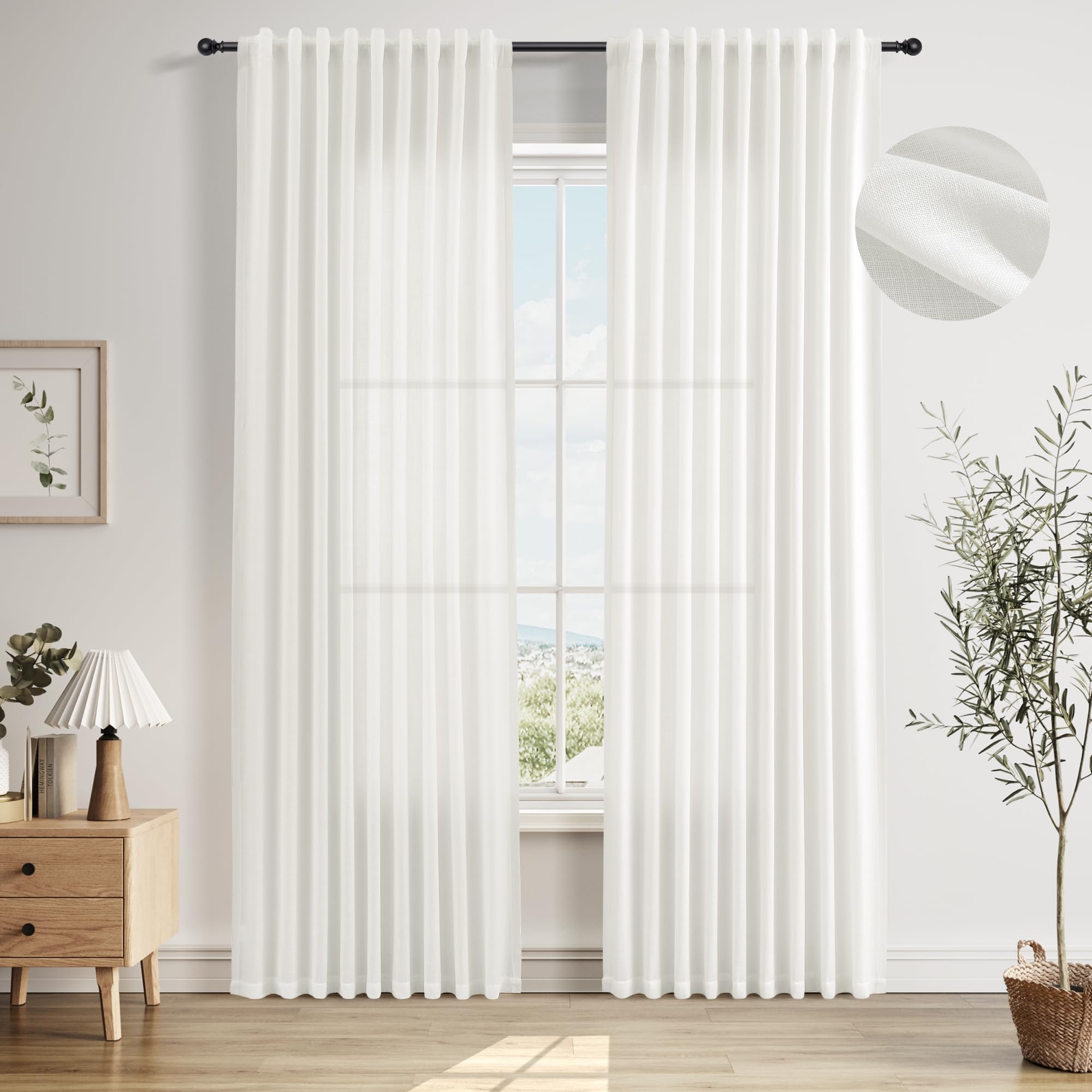 Nanspring Linen Curtains 80 Inches Long for Living Room Semi Sheer Light Filtering Curtain Back Tab Neutral Boho Modern Farmhouse Window Drapes for Bedroom 52x80 2 Panels Cream Ivory Beige Natural
