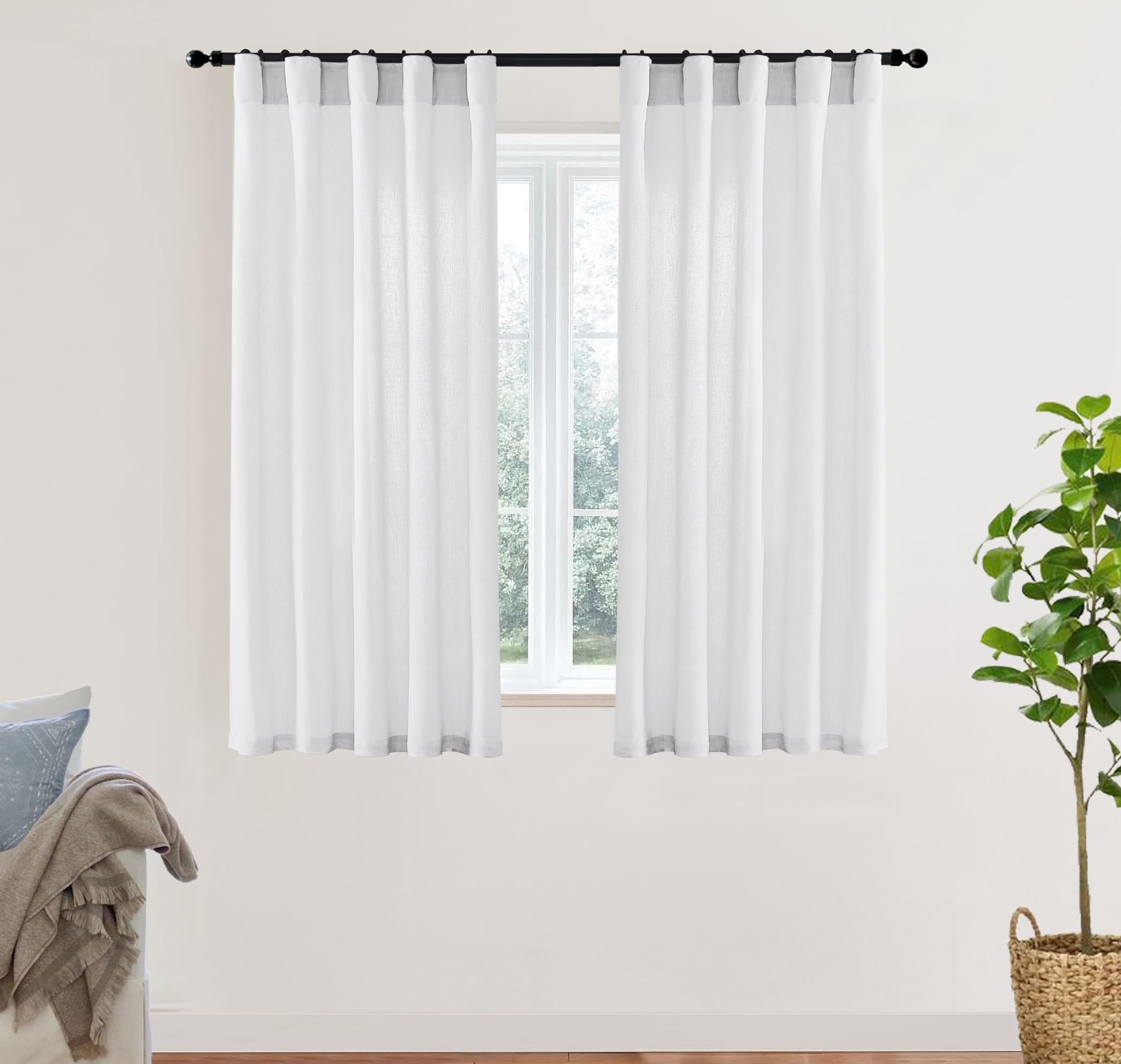 XTMYI 90 Inches Long Sheer Linen Curtains 2 Panels Set,Hook Tape Back Tab Semi Sheer Cotton Blend Fabric Modern Cottage Core Cottagecore Curtain Drapes for Living Room Bedroom,50x90 in Length