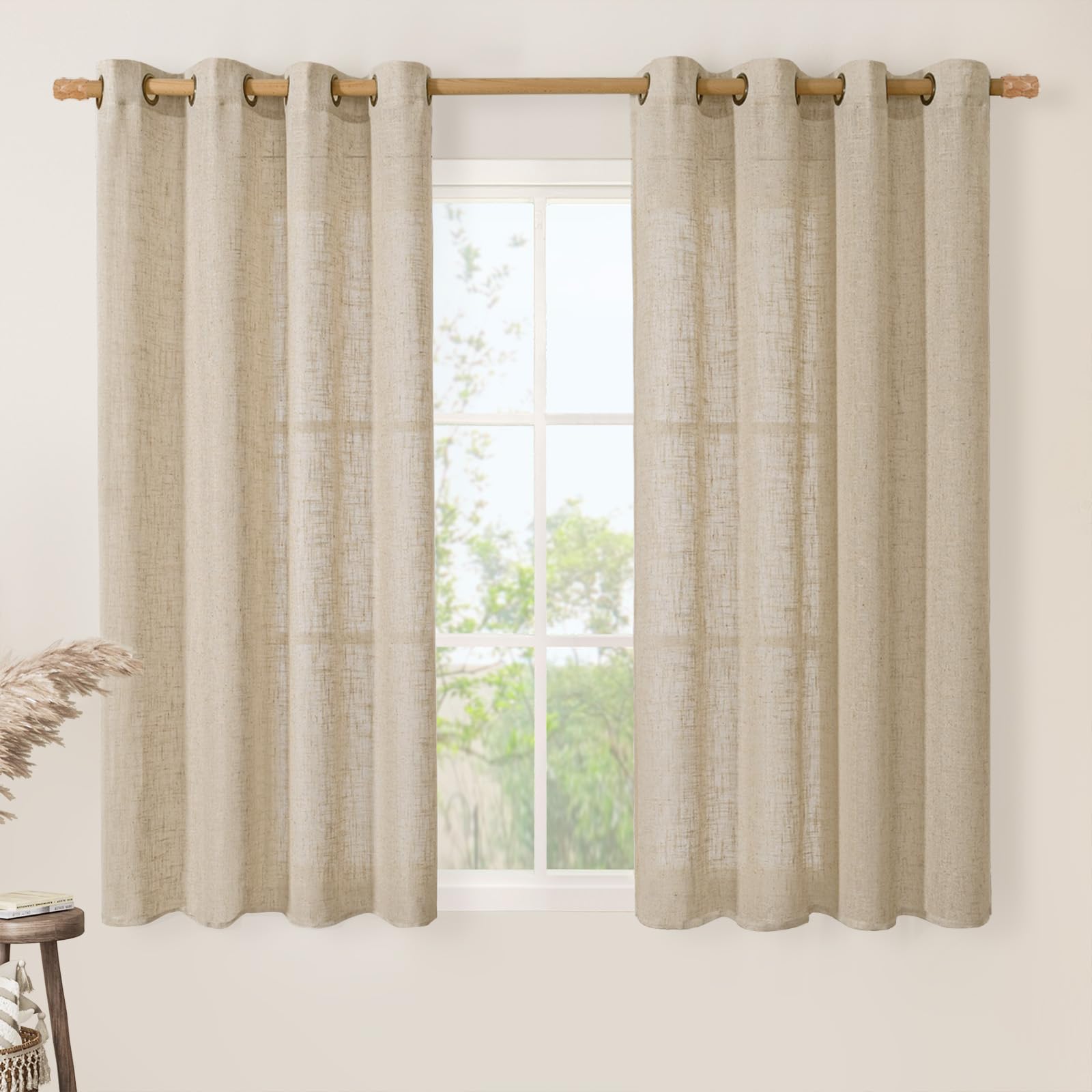 LAMIT Natural Cream Ivory Long Linen Curtains for Living Room, 108 inches Long Bronze Grommet Light Filtering Window Textured Neutral Sheer Drapes for Bedroom Farmhouse, 2 Panels, 52 x 108 Inch