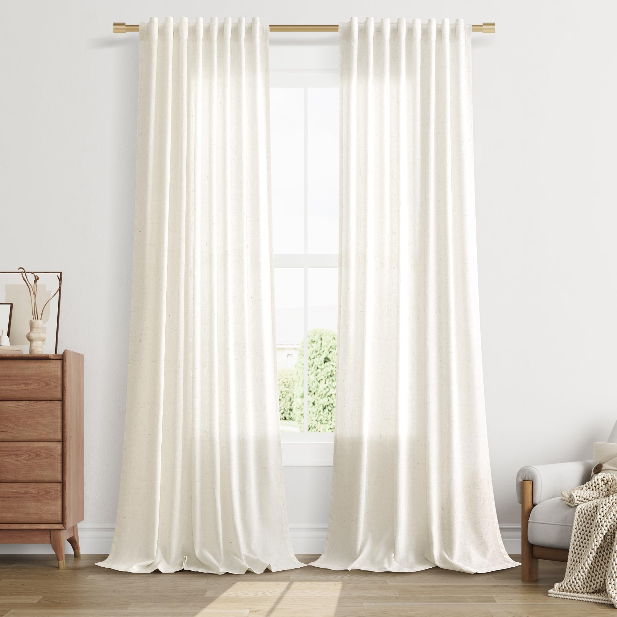 Nanspring Linen Curtains 80 Inches Long for Living Room Semi Sheer Light Filtering Curtain Back Tab Neutral Boho Modern Farmhouse Window Drapes for Bedroom 52x80 2 Panels Cream Ivory Beige Natural