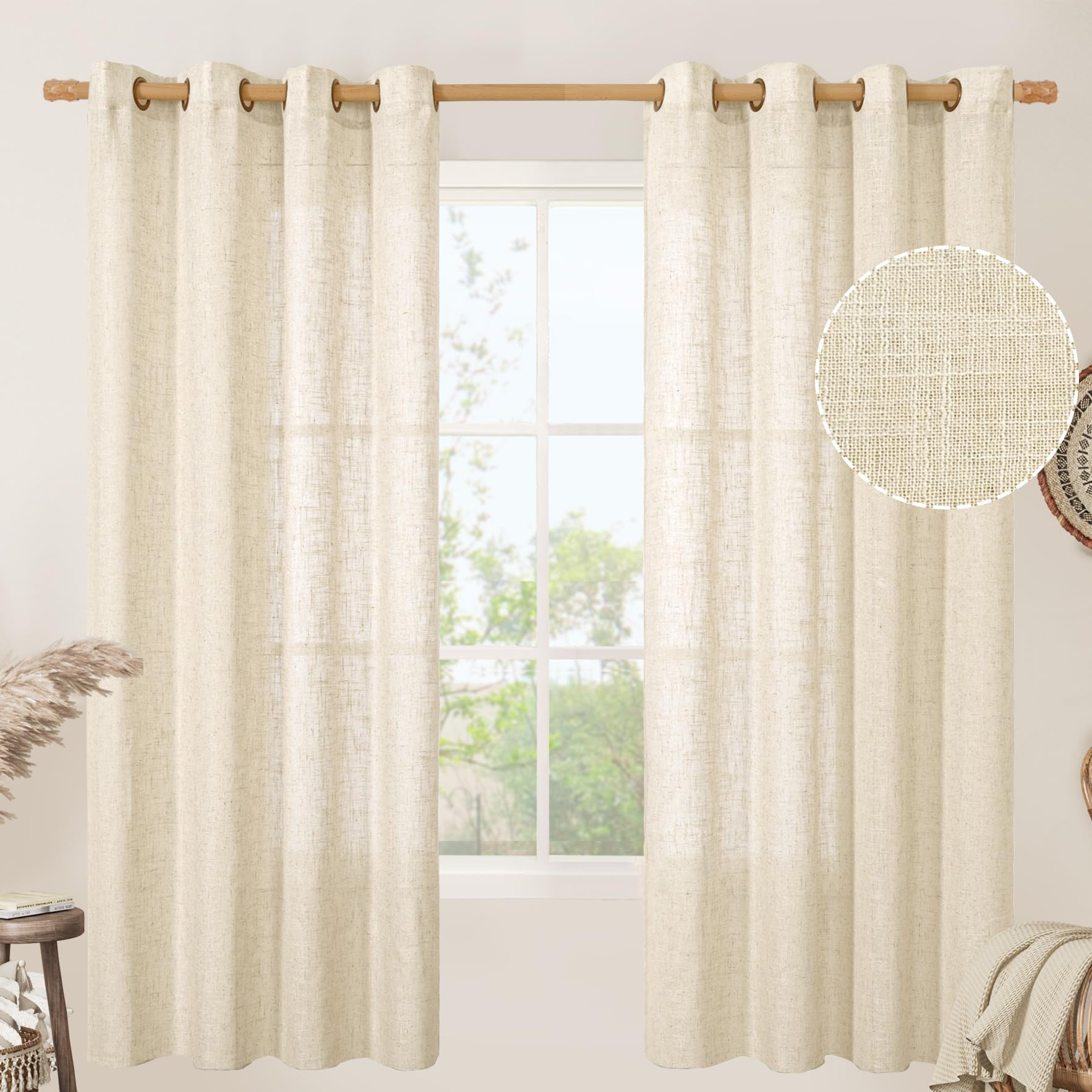 LAMIT Natural Cream Ivory Long Linen Curtains for Living Room, 108 inches Long Bronze Grommet Light Filtering Window Textured Neutral Sheer Drapes for Bedroom Farmhouse, 2 Panels, 52 x 108 Inch