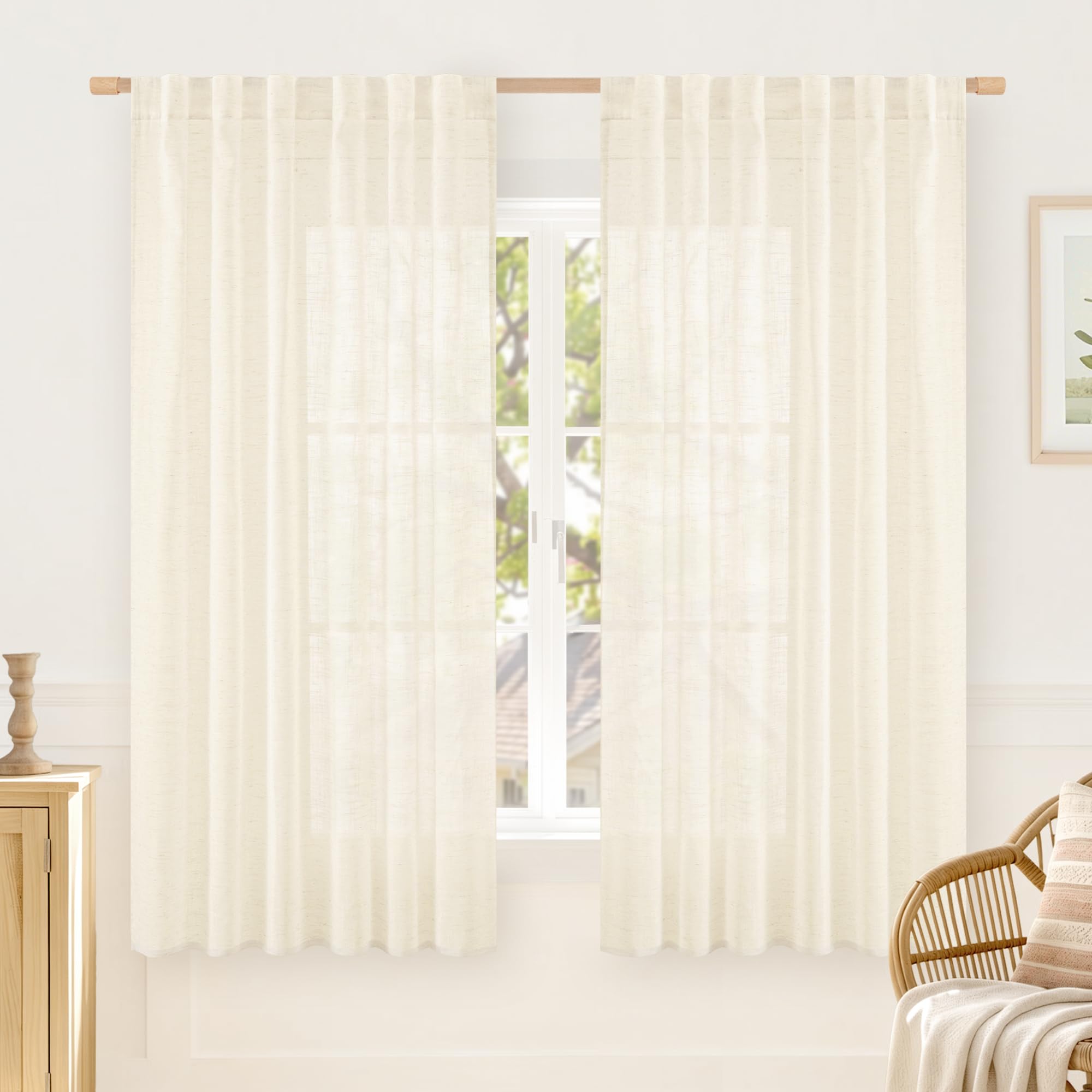 LAMIT Natural Linen Sheer Curtains 90 Inches Long 2 Panels, Long Light Filtering Window Treatments Back Tab and Rod Pocket Farmhouse Boho Panels for Living Room/Bedroom/Dining Room, 52 x 90 Inch