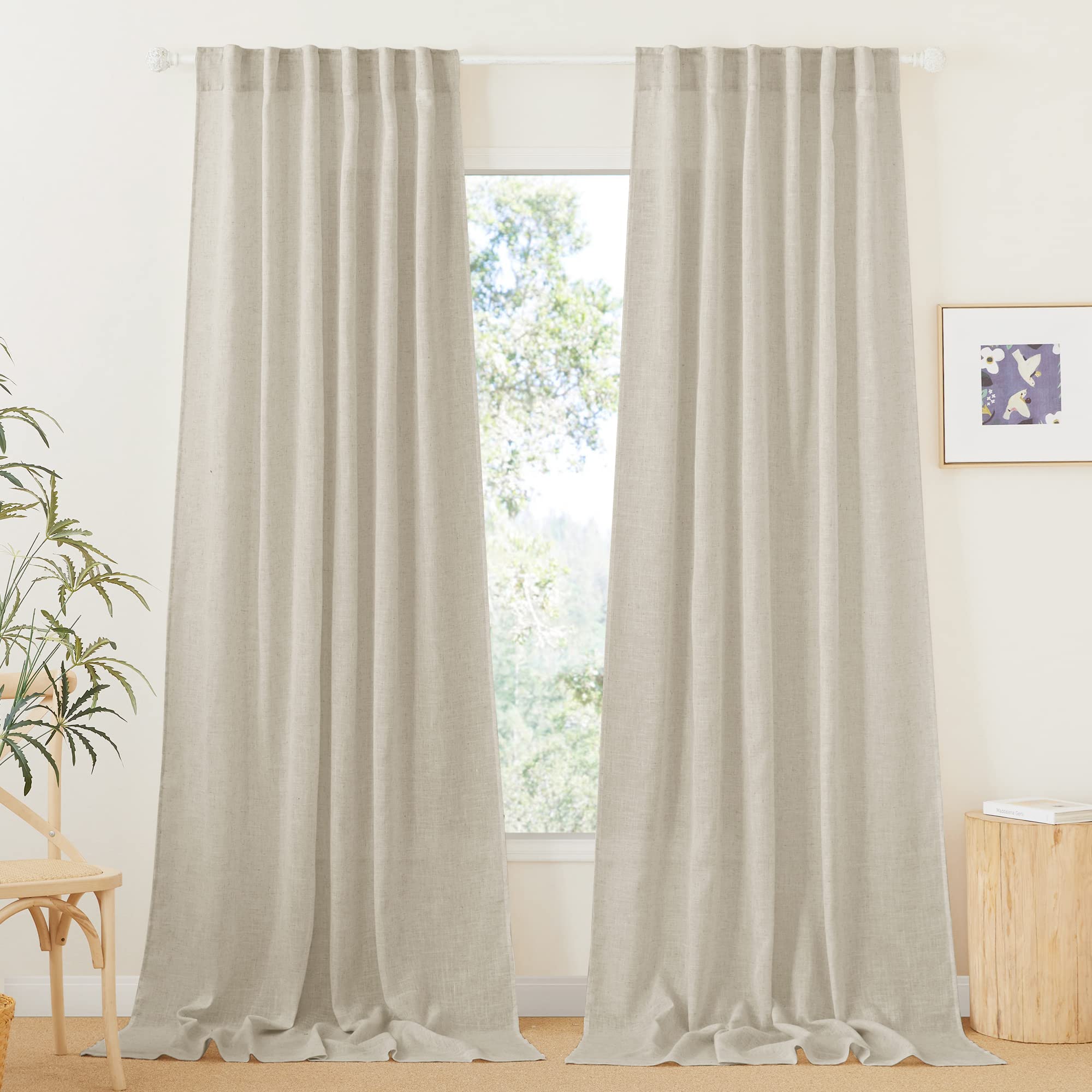 RYB HOME Semi Sheer Curtains 102 inches Long, Back Tab Light Filtration Half Privacy Window Curtains & Drapes for Bedroom Living Room, Linen, W 52 x L 102 inches, 2 Panels Set