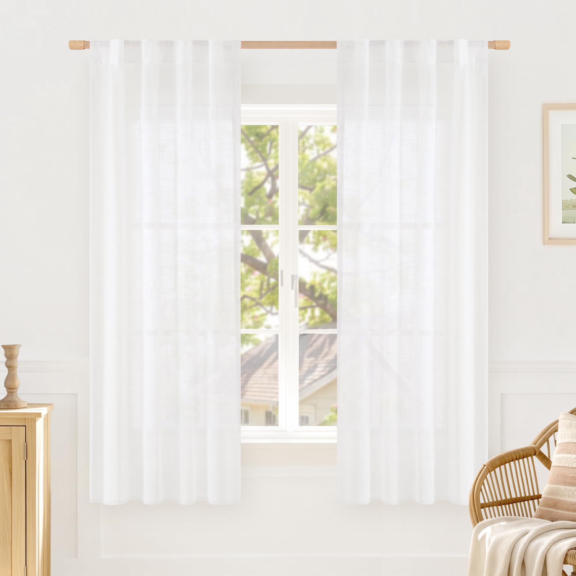 LAMIT Natural Linen Sheer Curtains 90 Inches Long 2 Panels, Long Light Filtering Window Treatments Back Tab and Rod Pocket Farmhouse Boho Panels for Living Room/Bedroom/Dining Room, 52 x 90 Inch