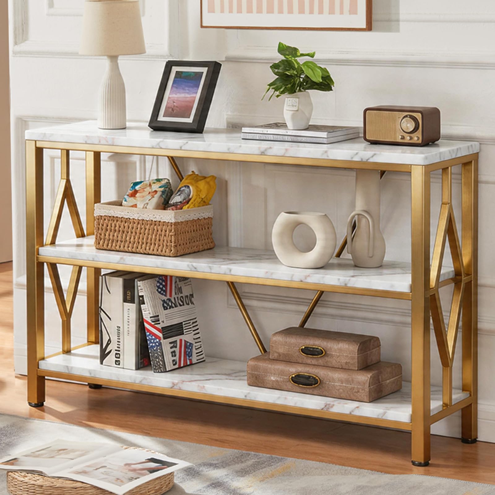 HOMISSUE Sofa Console Table, Rustic Console Table with 3-Tier Storage, Engineered Wood Sofa Tables with Open Shelves, Heavy Duty Entryway Tables for Living Room, Hallway (47 Inch, Rustic Brown)