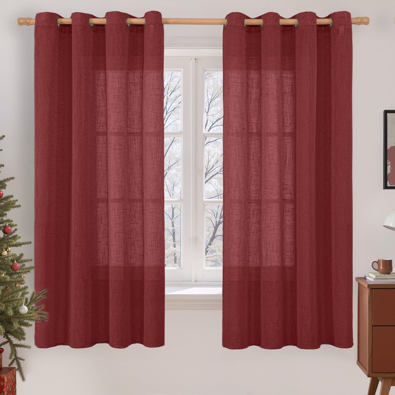 LAMIT Natural Cream Ivory Long Linen Curtains for Living Room, 108 inches Long Bronze Grommet Light Filtering Window Textured Neutral Sheer Drapes for Bedroom Farmhouse, 2 Panels, 52 x 108 Inch