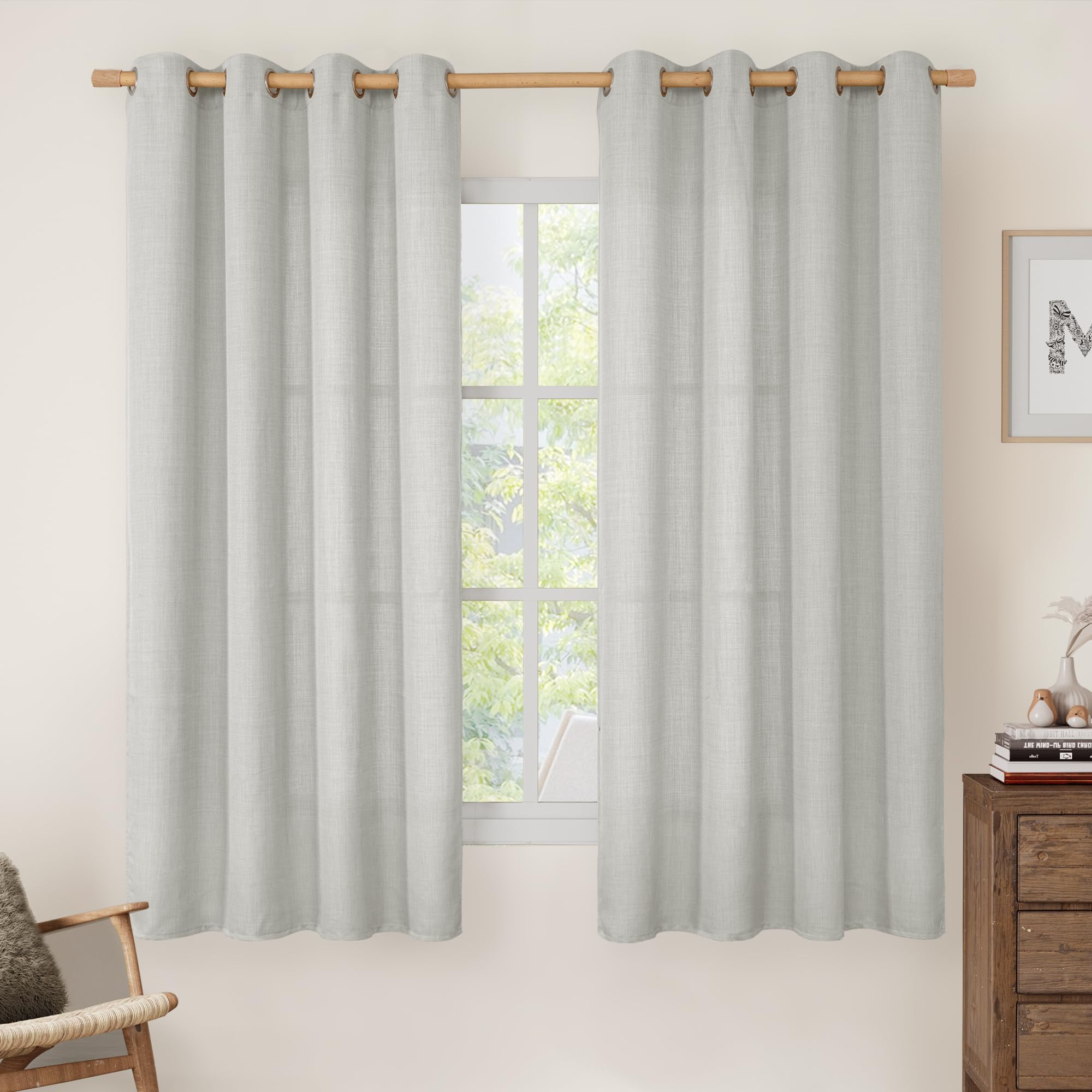 LAMIT Natural Cream Ivory Long Linen Curtains for Living Room, 108 inches Long Bronze Grommet Light Filtering Window Textured Neutral Sheer Drapes for Bedroom Farmhouse, 2 Panels, 52 x 108 Inch