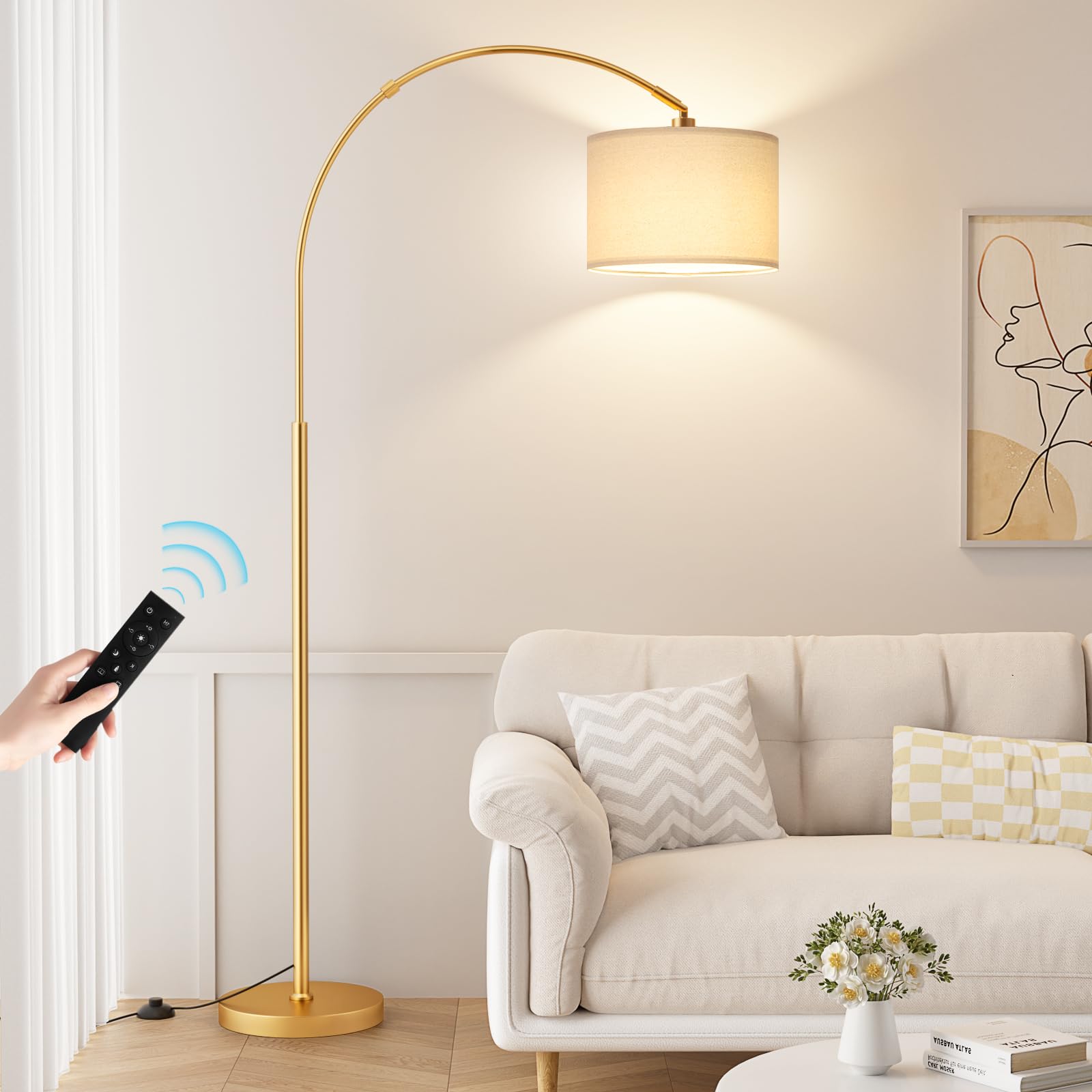 Ambimall 70 Dimmable Arc Floor Lamp with Remote, Color Temperatures and Brightness Adjustable, Arched Floor Lamp with Rotating Head, Over Couch Arched Light for Living Room (Deep Beige and Black)