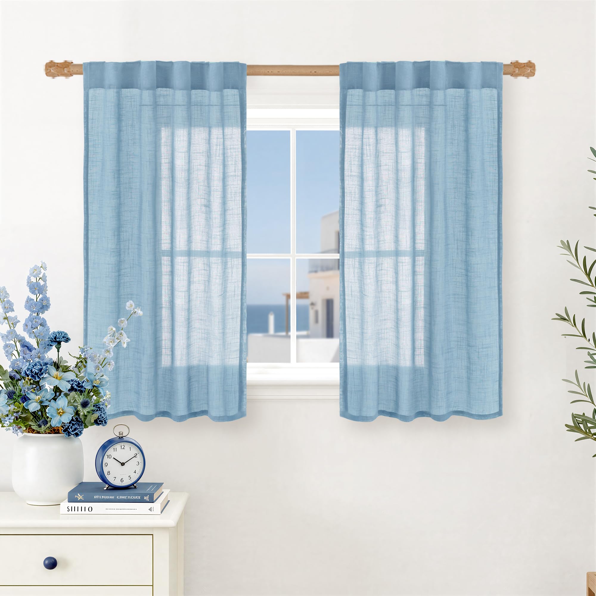 LAMIT Natural Linen Sheer Curtains 90 Inches Long 2 Panels, Long Light Filtering Window Treatments Back Tab and Rod Pocket Farmhouse Boho Panels for Living Room/Bedroom/Dining Room, 52 x 90 Inch