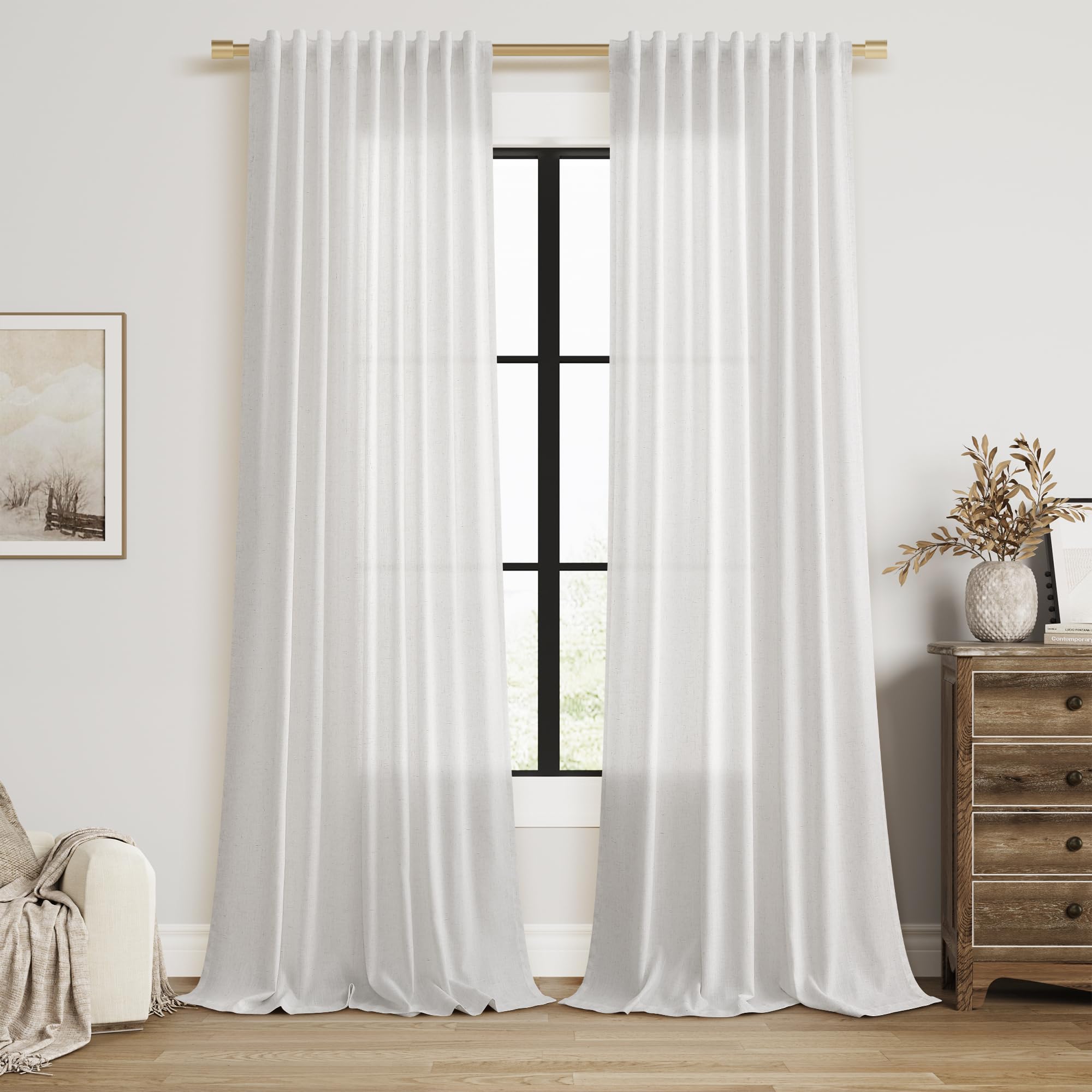 Nanspring Linen Curtains 80 Inches Long for Living Room Semi Sheer Light Filtering Curtain Back Tab Neutral Boho Modern Farmhouse Window Drapes for Bedroom 52x80 2 Panels Cream Ivory Beige Natural