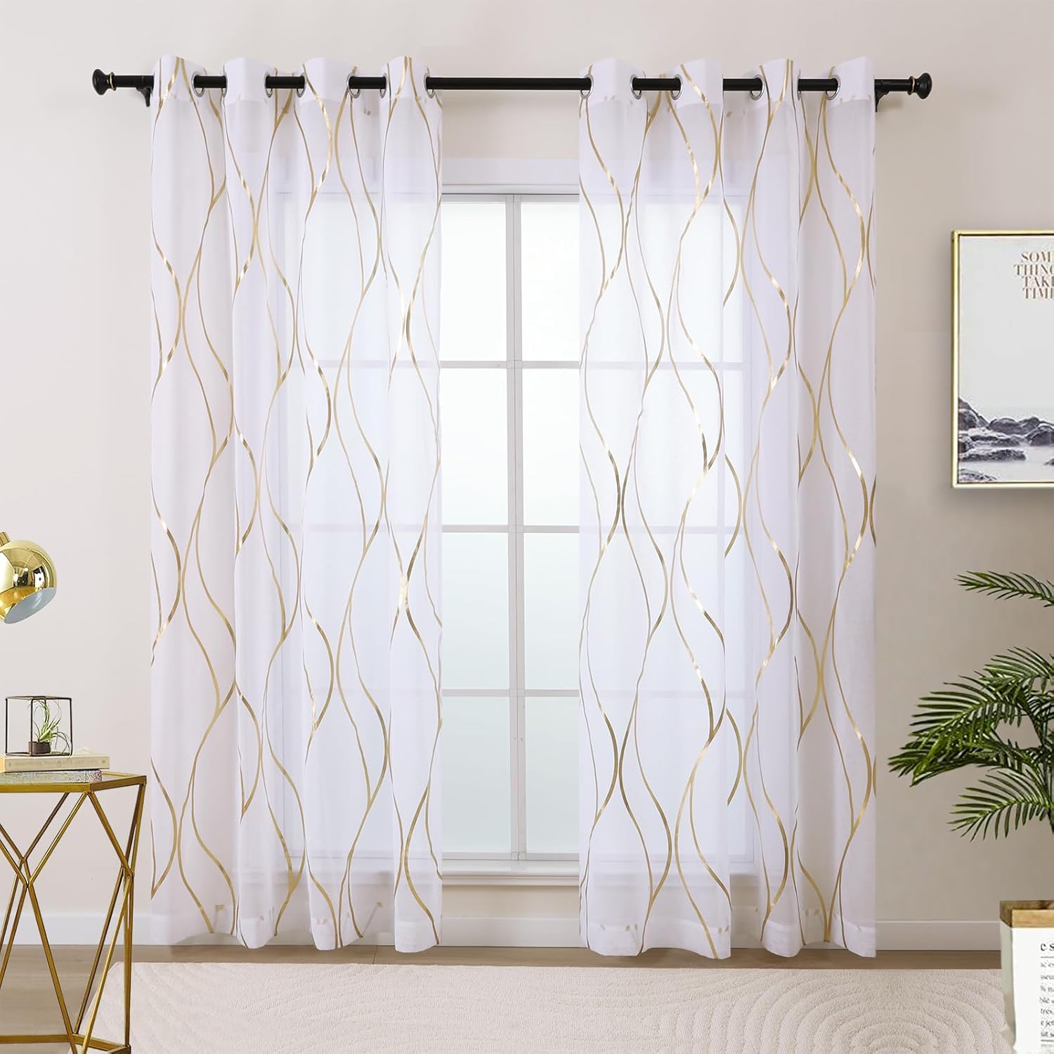 L.Z.E Gold White Sheer Curtains 108 Inches Long 2 Panels Set for Living Room Bedroom See Through Sheer Curtains Grommet Top Transparent Sheers with Wave Pattern Extra Long