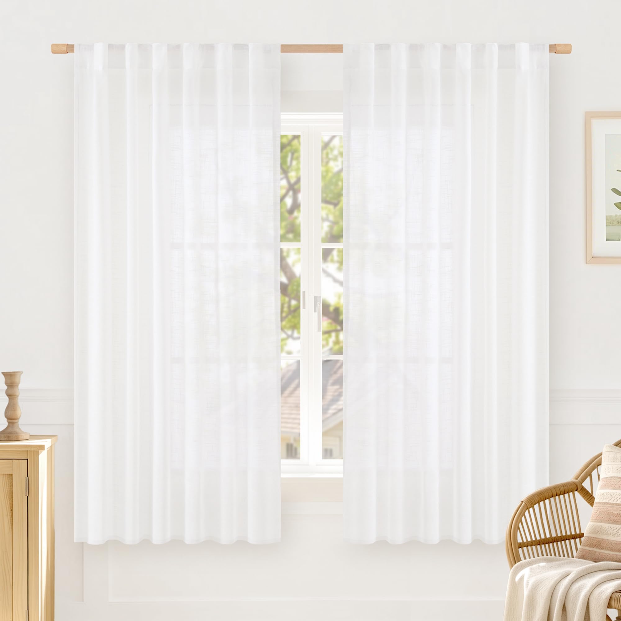 LAMIT Natural Linen Sheer Curtains 90 Inches Long 2 Panels, Long Light Filtering Window Treatments Back Tab and Rod Pocket Farmhouse Boho Panels for Living Room/Bedroom/Dining Room, 52 x 90 Inch