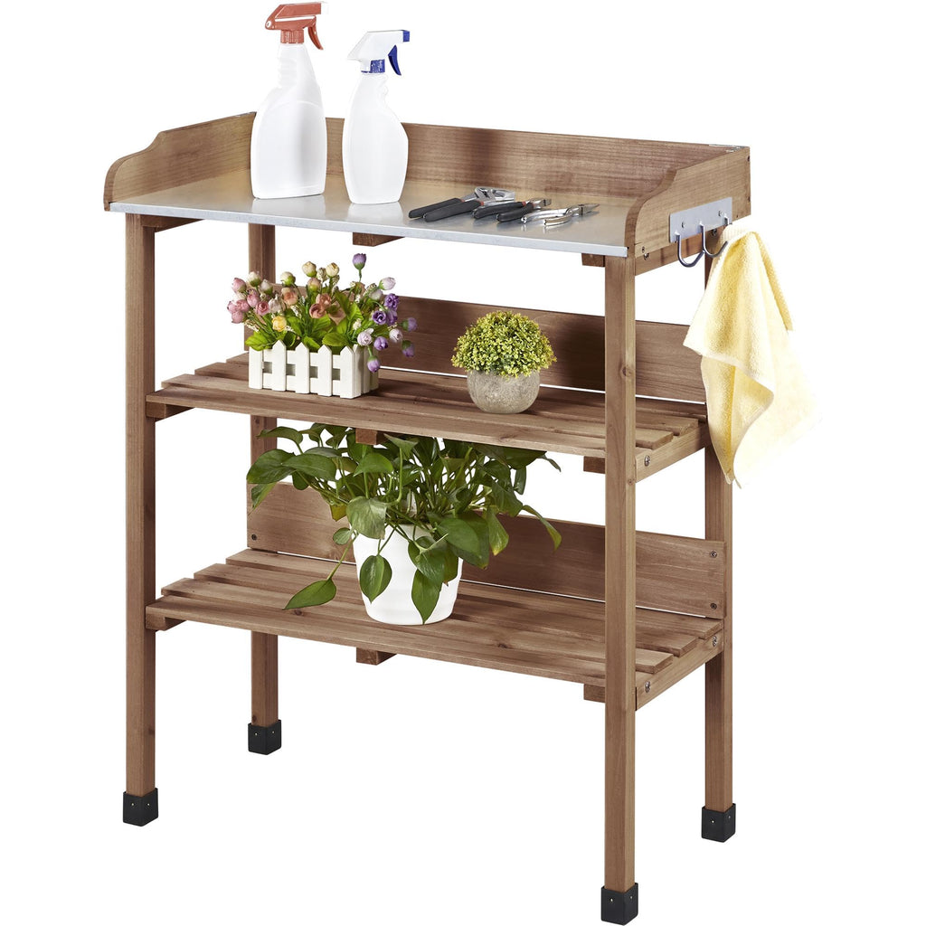 Yaheetech Outdoor Garden Potting Bench Table Wooden Horticulture Planting Worstation w/Metal Tabletop/Storage Shelf/3 Hooks, Natural Wood