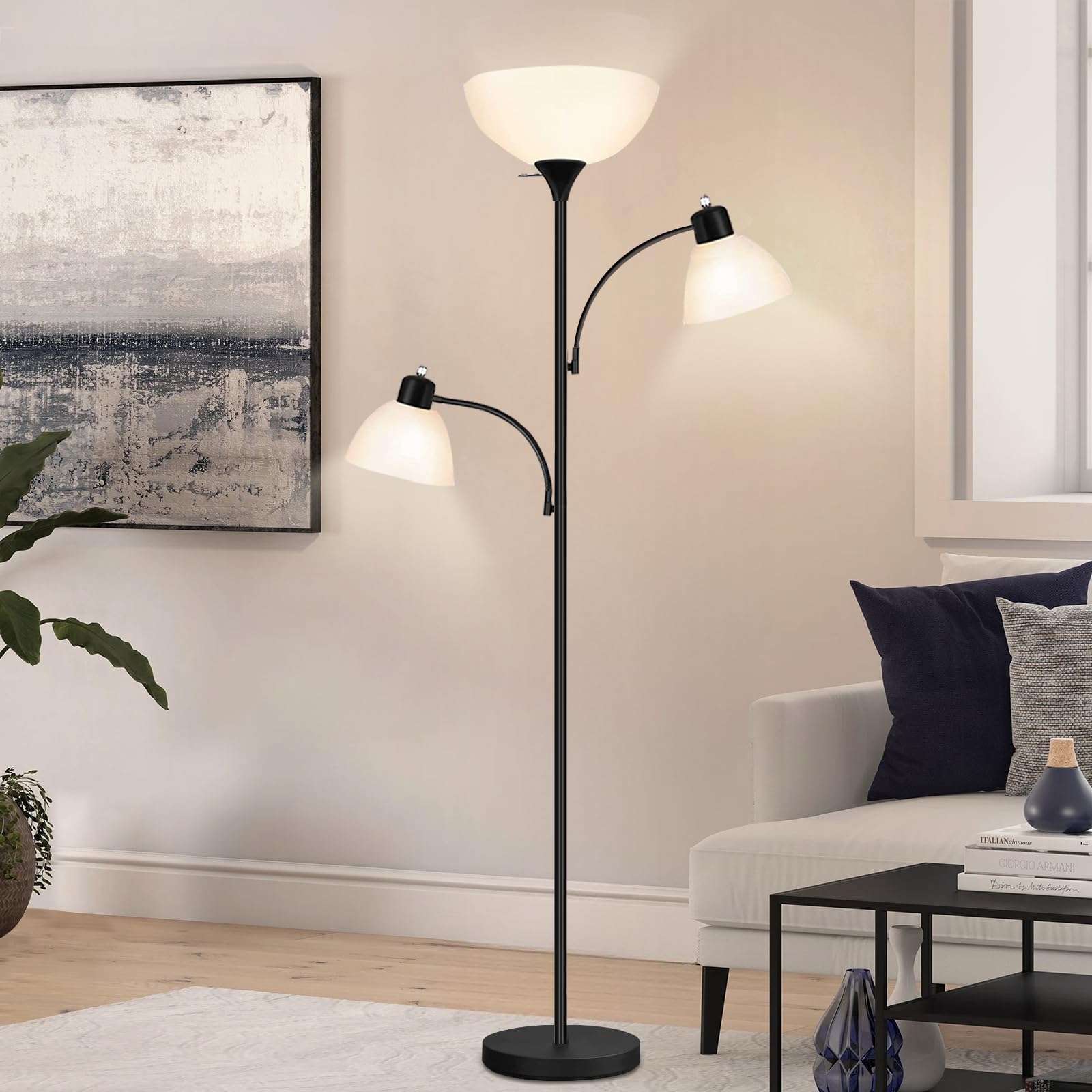 Luvkczc Floor Lamps for Living Room, 72" Tall Torchiere Floor Lamp with 8W Adjustable Reading Lights, Industrial Lamps for Living Room, Bedroom, Office, Black Tree Floor Lamp【3 Bulbs Included】