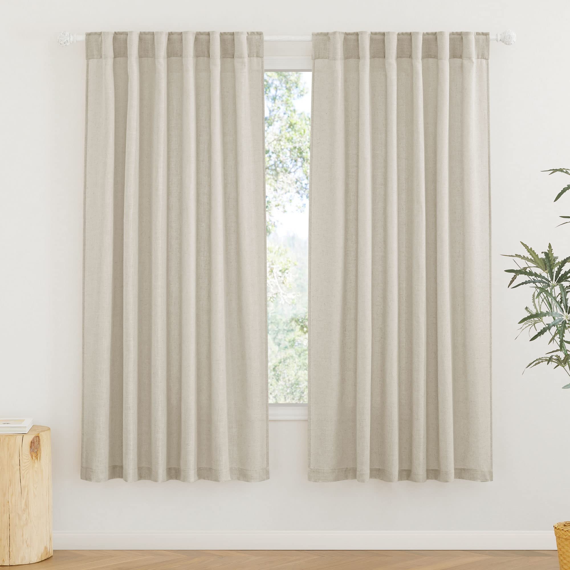 RYB HOME Semi Sheer Curtains 102 inches Long, Back Tab Light Filtration Half Privacy Window Curtains & Drapes for Bedroom Living Room, Linen, W 52 x L 102 inches, 2 Panels Set