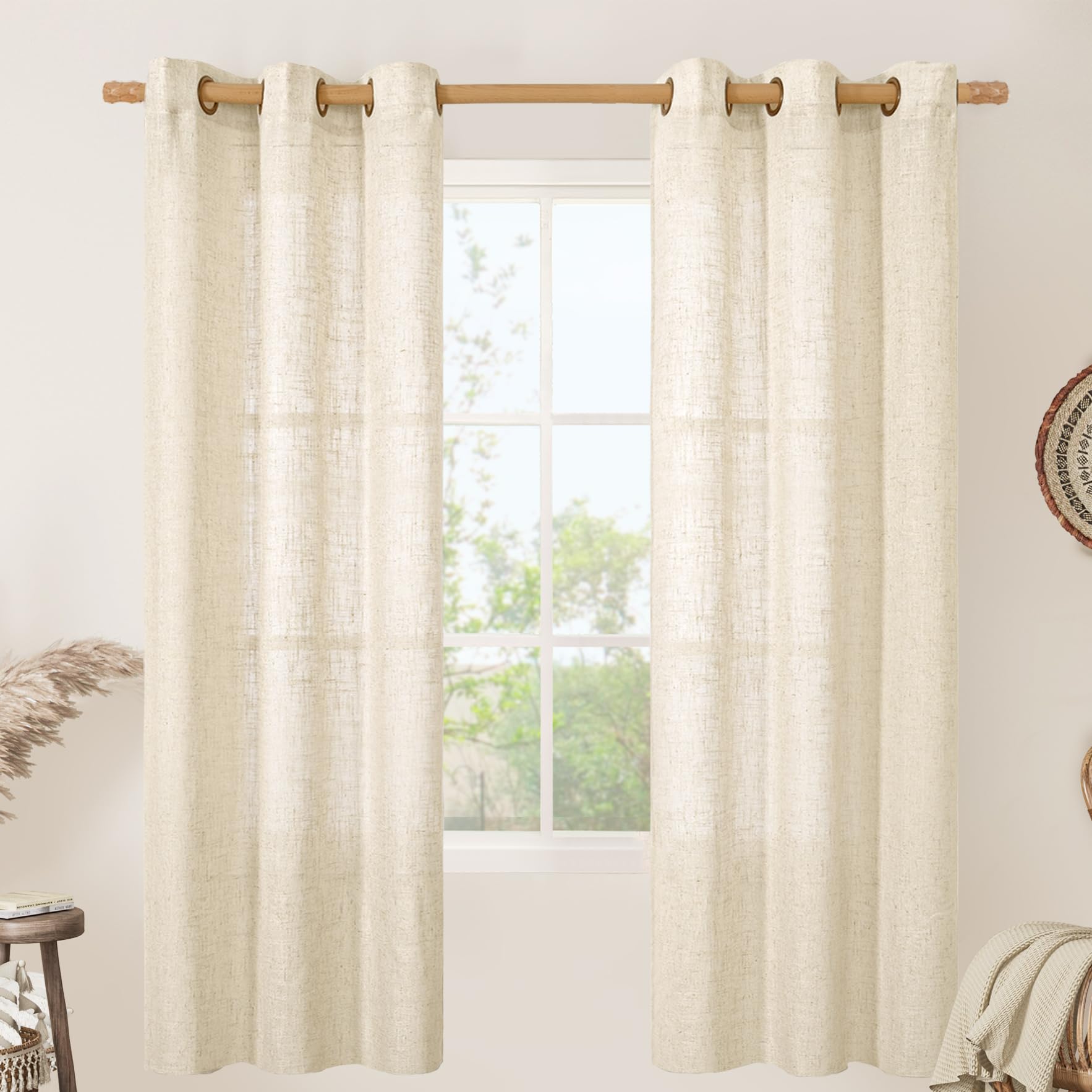 LAMIT Natural Cream Ivory Long Linen Curtains for Living Room, 108 inches Long Bronze Grommet Light Filtering Window Textured Neutral Sheer Drapes for Bedroom Farmhouse, 2 Panels, 52 x 108 Inch