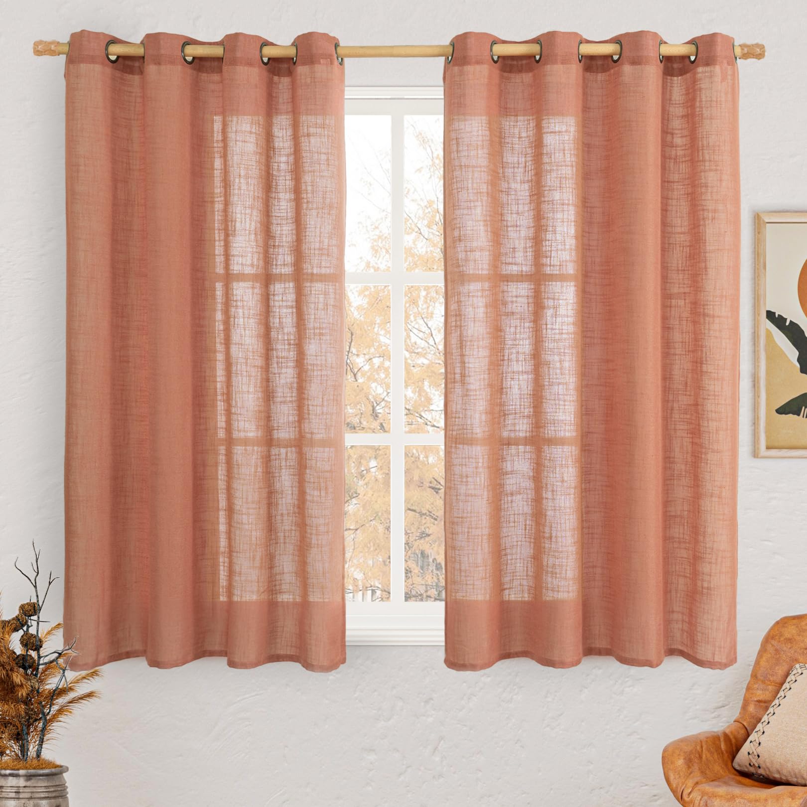 LAMIT Natural Cream Ivory Long Linen Curtains for Living Room, 108 inches Long Bronze Grommet Light Filtering Window Textured Neutral Sheer Drapes for Bedroom Farmhouse, 2 Panels, 52 x 108 Inch