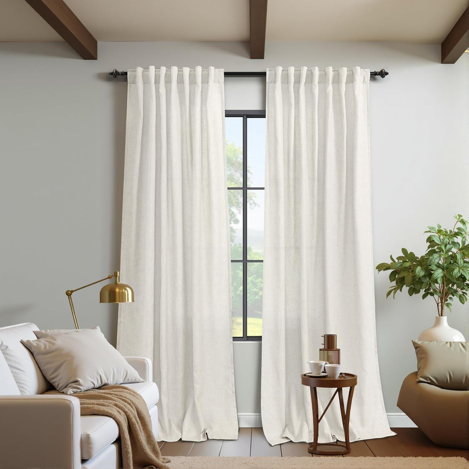 KOUFALL 92 Inch Curtains for Living Room 2 Panels Set,Light Filtering Farmhouse Boho Linen Semi Sheer Curtain Drapes 92 Inches Long for Bedroom,Cream Ivory