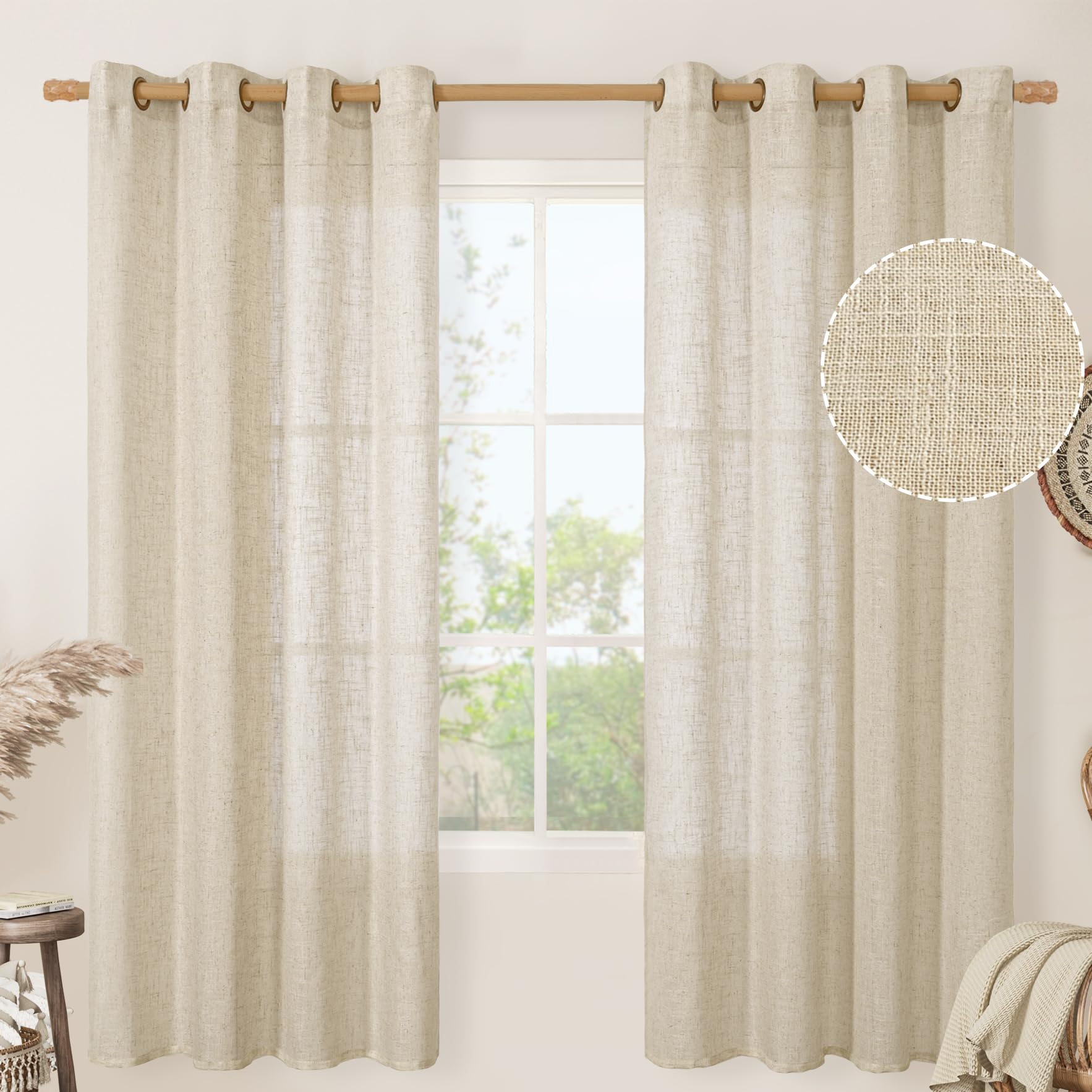 LAMIT Natural Cream Ivory Long Linen Curtains for Living Room, 108 inches Long Bronze Grommet Light Filtering Window Textured Neutral Sheer Drapes for Bedroom Farmhouse, 2 Panels, 52 x 108 Inch