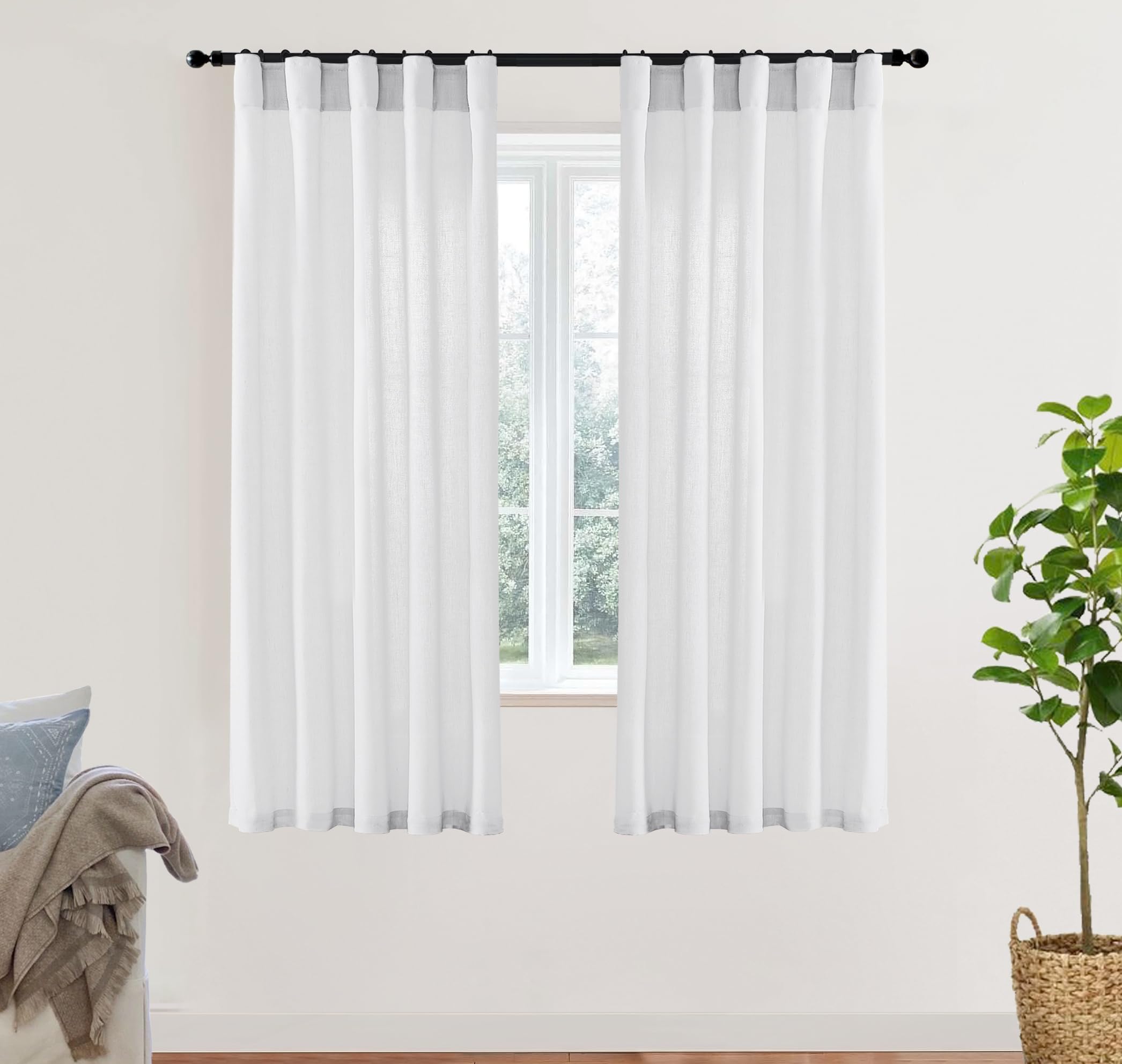 XTMYI 90 Inches Long Sheer Linen Curtains 2 Panels Set,Hook Tape Back Tab Semi Sheer Cotton Blend Fabric Modern Cottage Core Cottagecore Curtain Drapes for Living Room Bedroom,50x90 in Length