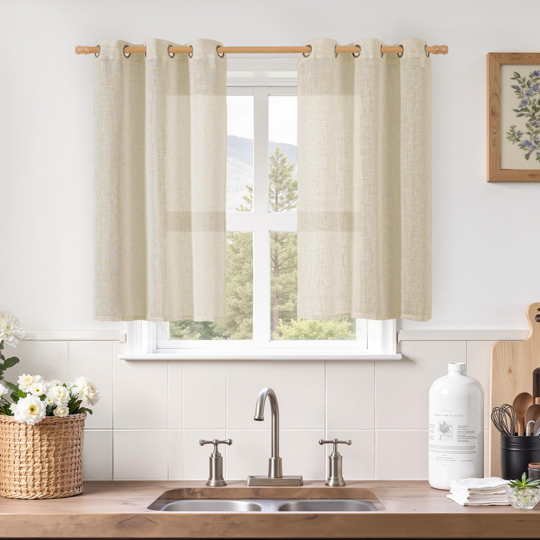 LAMIT Natural Cream Ivory Long Linen Curtains for Living Room, 108 inches Long Bronze Grommet Light Filtering Window Textured Neutral Sheer Drapes for Bedroom Farmhouse, 2 Panels, 52 x 108 Inch