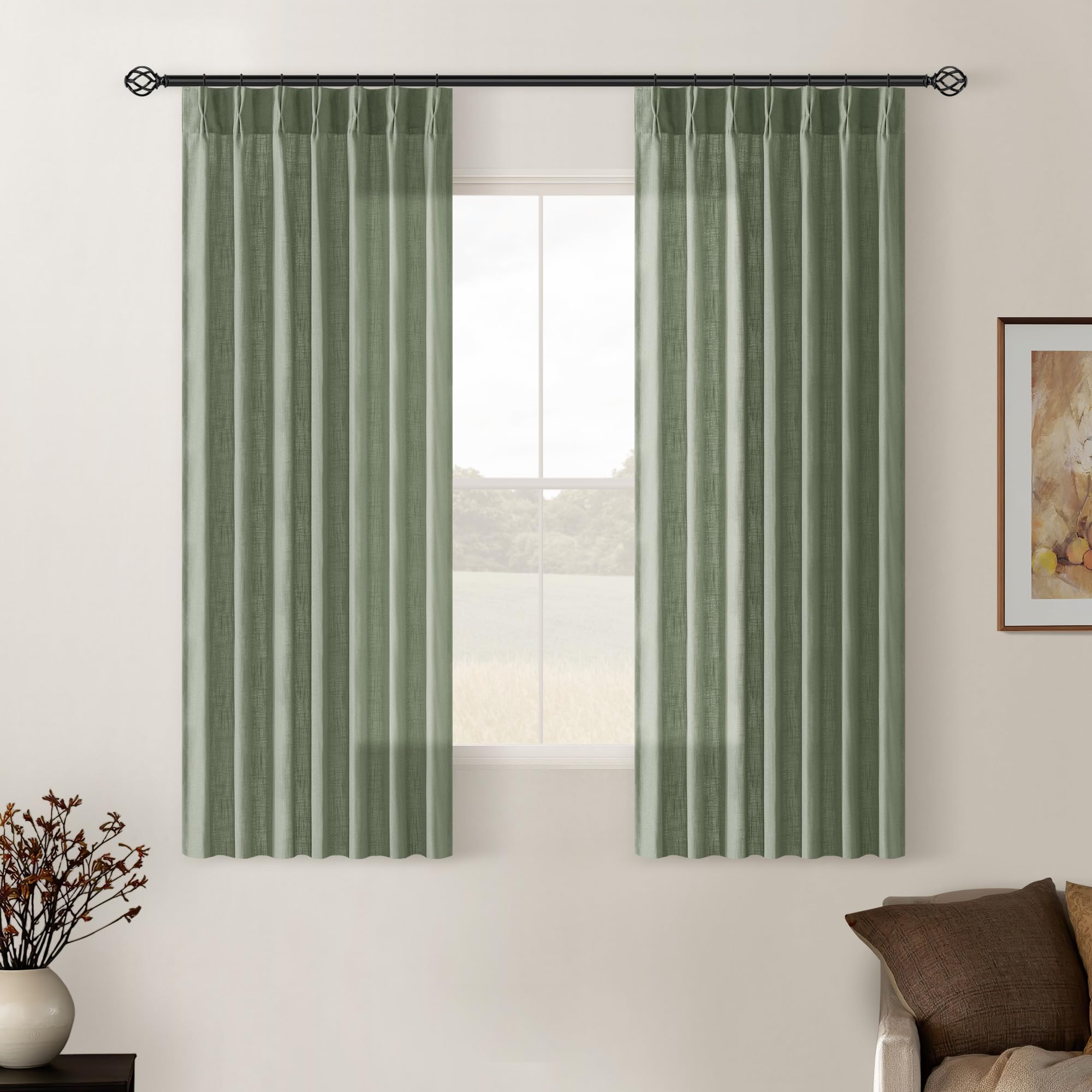 Natural Pinch Pleated Linen Curtains 84 Inch Length 2 Panels for Living Room Bedroom Textured Cream Ivory Birch Semi Sheer Boho Neutral Back Tab Pinch Pleat Hooks Rings Window Curtain 84 Inches Long
