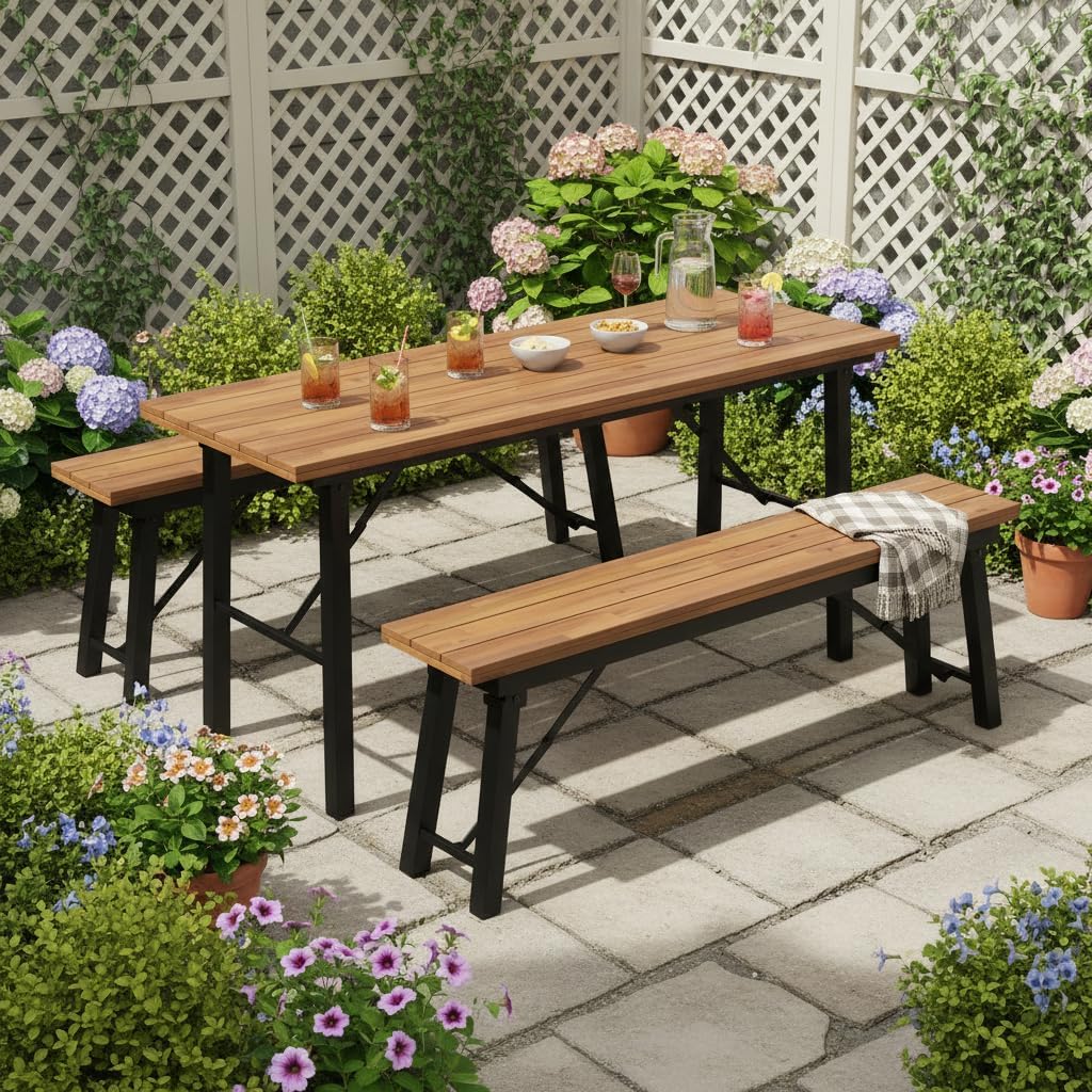 Tangkula 59" Narrow Outdoor Dining Table for 4-6, No Assembly Foldable Patio Dining Table with Acacia Wood Top & Heavy Duty Metal Frame, Portable Table for Yard, Garden, Poolside or Indoor (Natural)