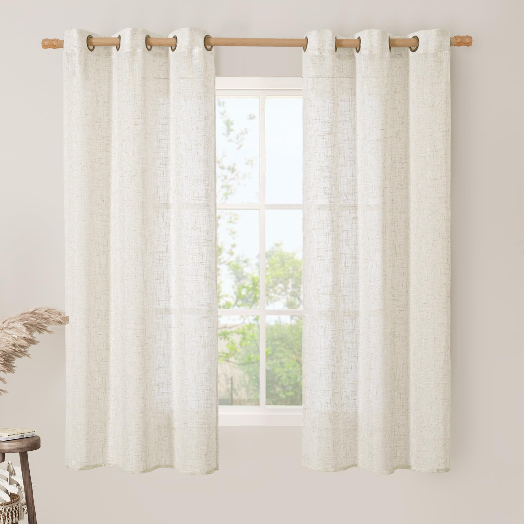 LAMIT Natural Cream Ivory Long Linen Curtains for Living Room, 108 inches Long Bronze Grommet Light Filtering Window Textured Neutral Sheer Drapes for Bedroom Farmhouse, 2 Panels, 52 x 108 Inch