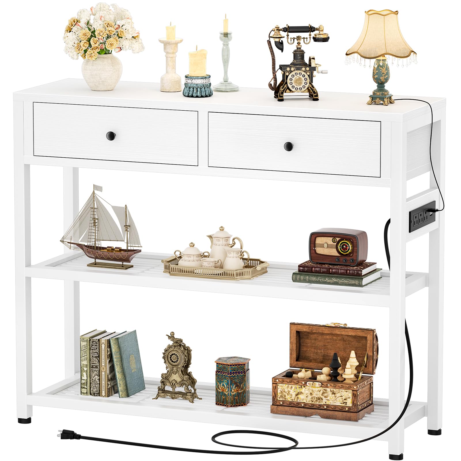 Ecoprsio 47'' Entryway Table with Outlets and USB Ports, Console Table with 3 Drawers, Sofa Table Narrow Long with Storage Shelves for Living Room, Couch, Hallway, Foyer, Kitchen Counter, White