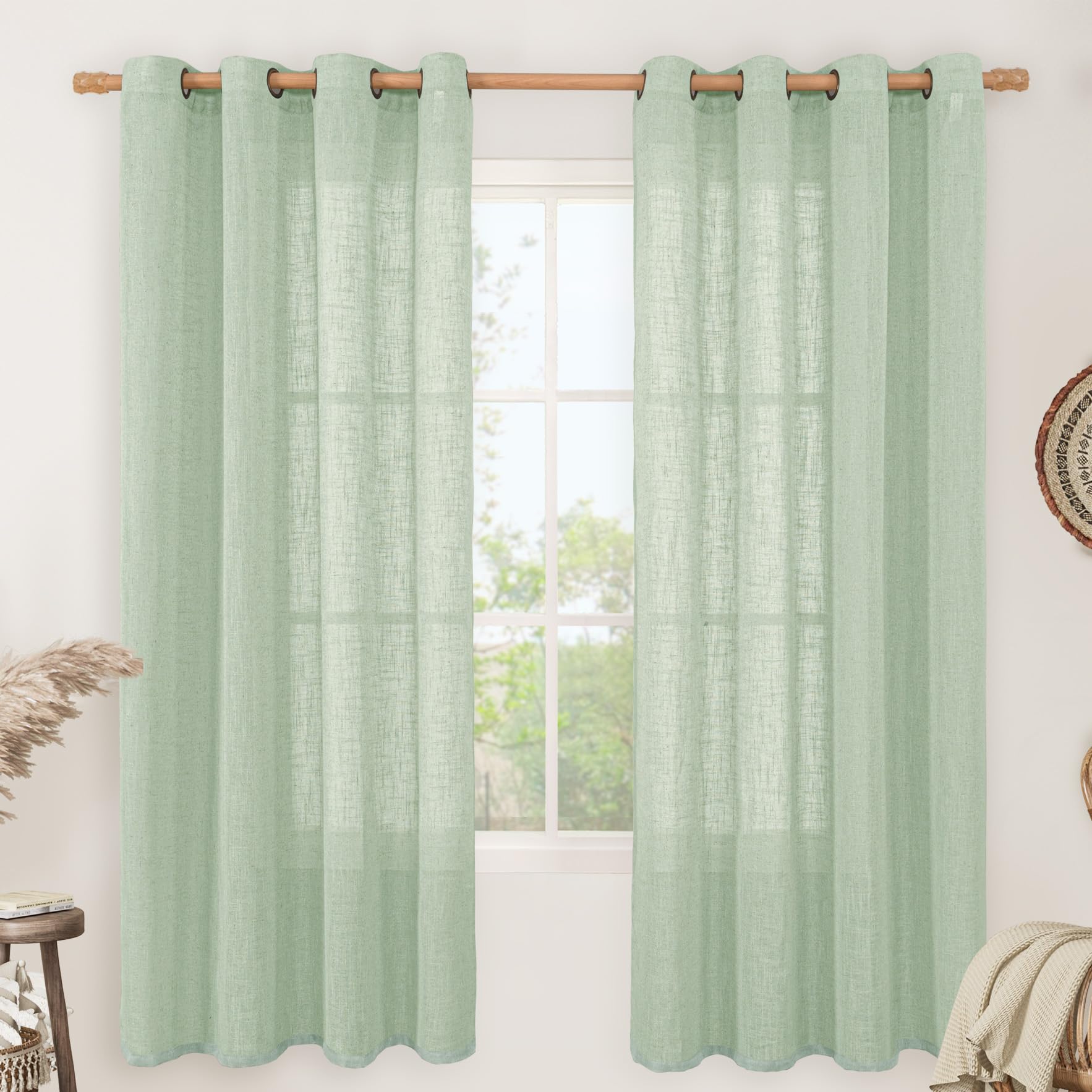 LAMIT Natural Cream Ivory Long Linen Curtains for Living Room, 108 inches Long Bronze Grommet Light Filtering Window Textured Neutral Sheer Drapes for Bedroom Farmhouse, 2 Panels, 52 x 108 Inch