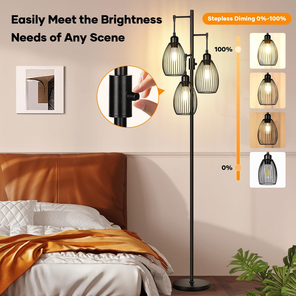 Dimmable Black Tree Floor Lamp with 3 LED Bulbs for Indoor Use