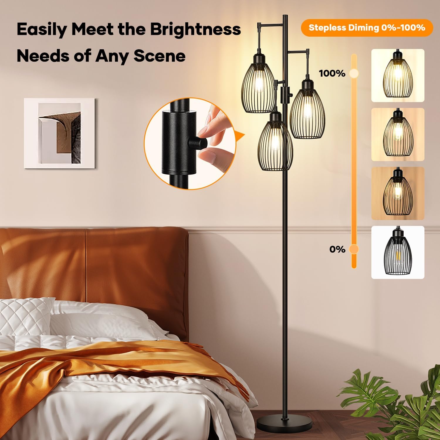 Dimmable Black Tree Floor Lamp with 3 LED Bulbs for Indoor Use