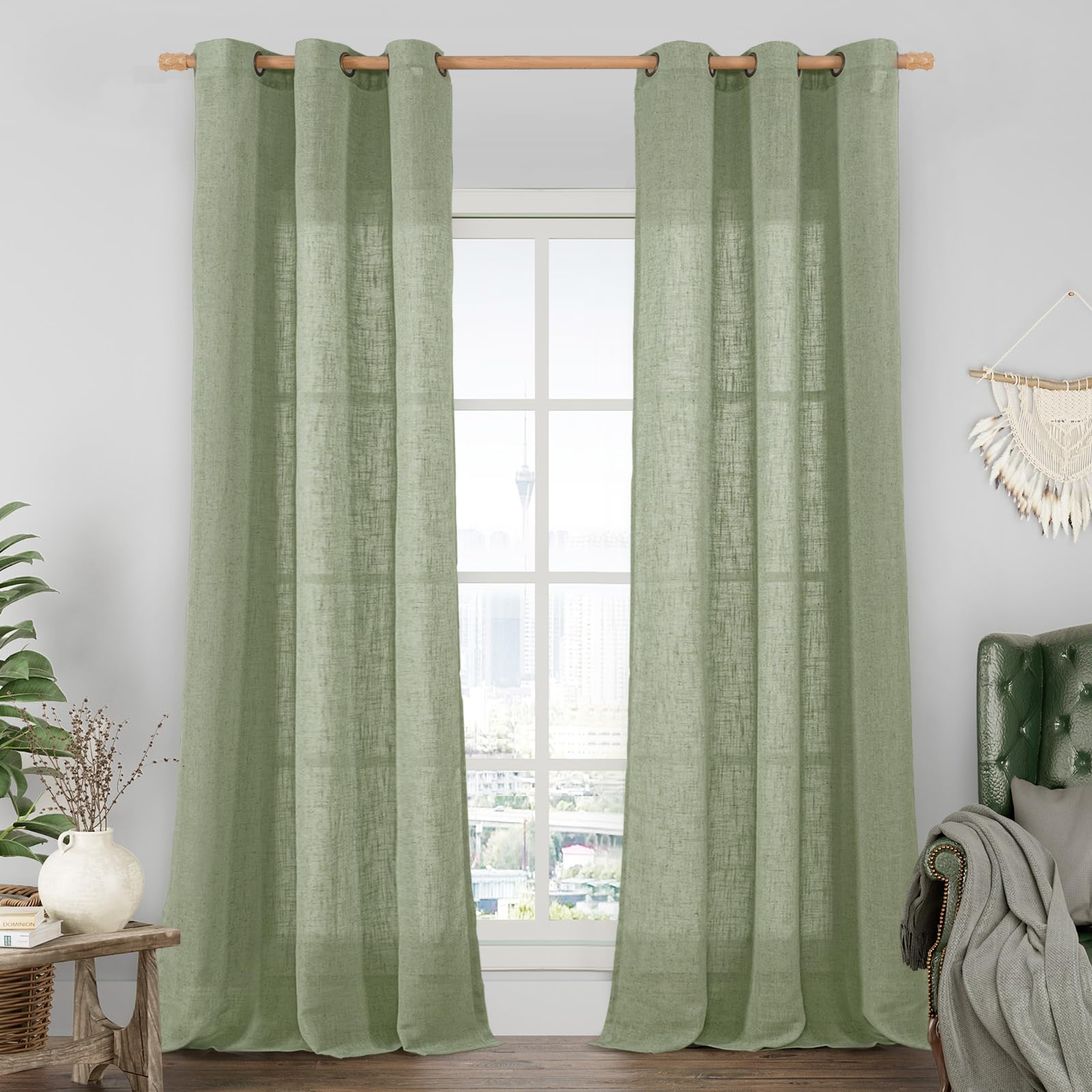 LAMIT Natural Cream Ivory Long Linen Curtains for Living Room, 108 inches Long Bronze Grommet Light Filtering Window Textured Neutral Sheer Drapes for Bedroom Farmhouse, 2 Panels, 52 x 108 Inch