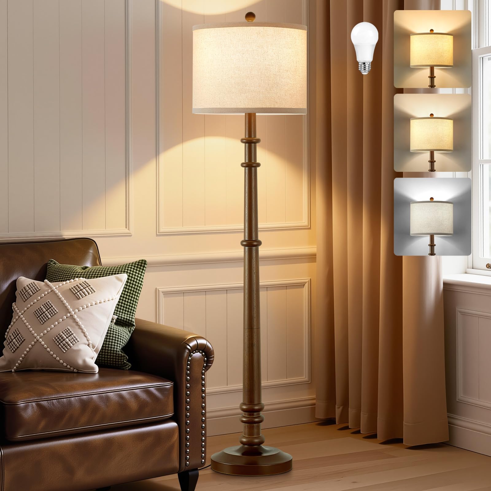 Floor Lamps for Living Room - 60" Resin Farmhouse Floor Lamp with Adjustable Color Temperatures - Vintage Standing Lamp Reading Light with Linen Shade Retro Tall Lamp for Bedroom Office, Black