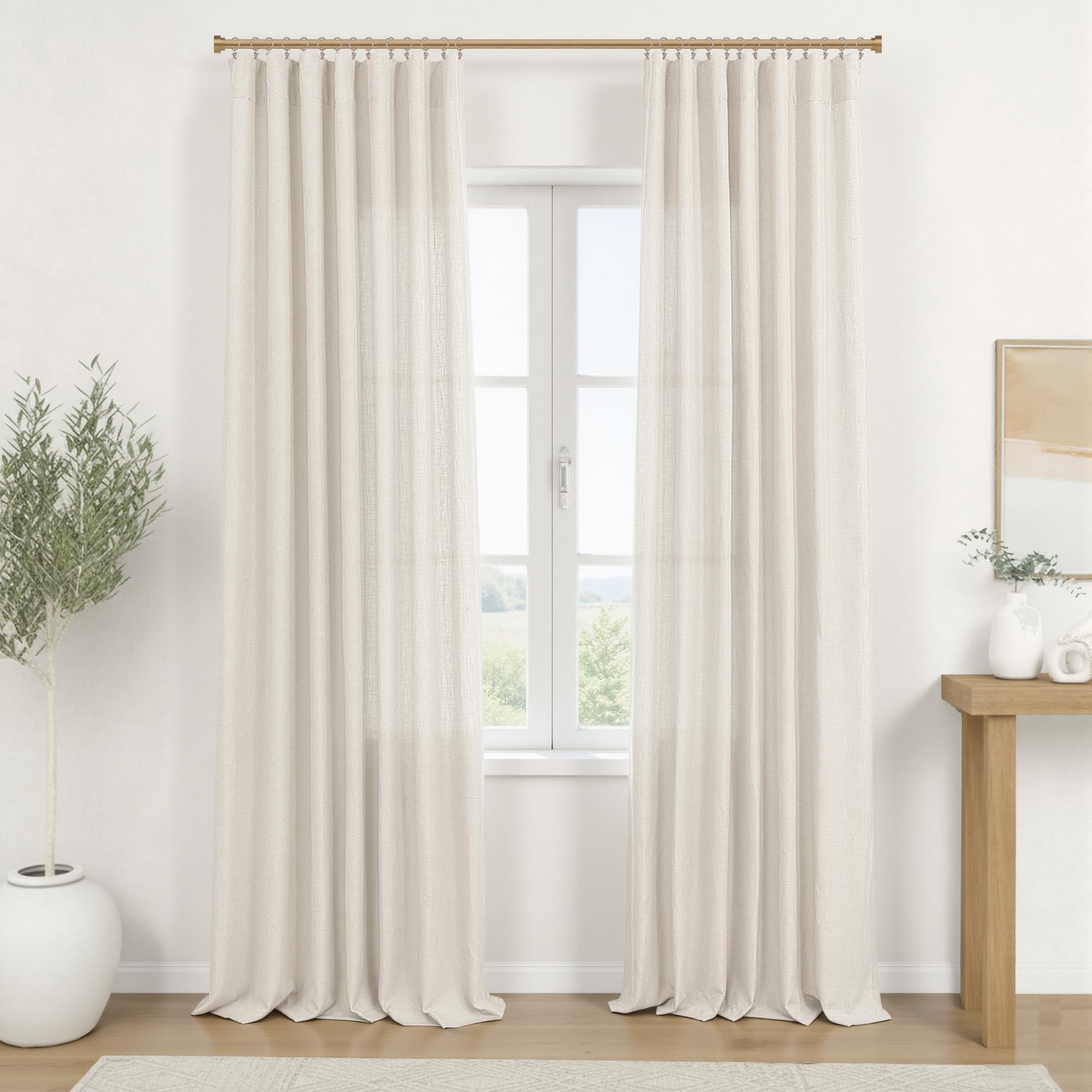 KOUFALL 92 Inch Curtains for Living Room 2 Panels Set,Light Filtering Farmhouse Boho Linen Semi Sheer Curtain Drapes 92 Inches Long for Bedroom,Cream Ivory