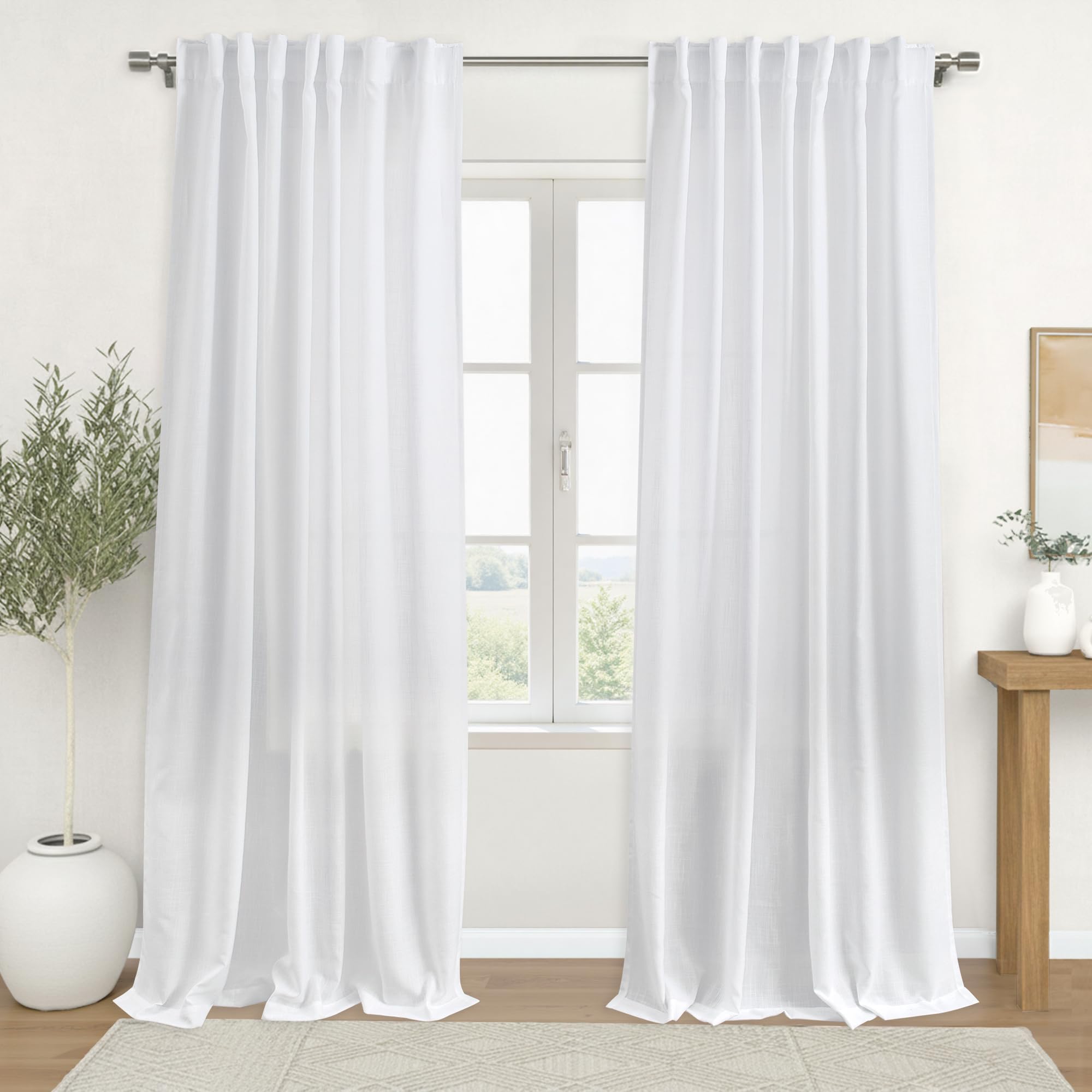 KOUFALL 92 Inch Curtains for Living Room 2 Panels Set,Light Filtering Farmhouse Boho Linen Semi Sheer Curtain Drapes 92 Inches Long for Bedroom,Cream Ivory