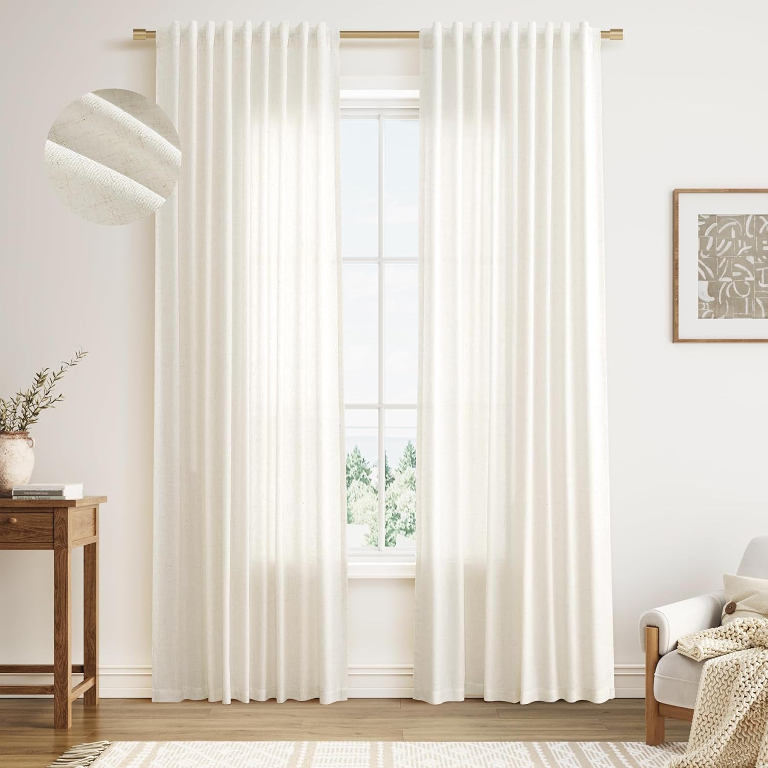 Nanspring Linen Curtains 80 Inches Long for Living Room Semi Sheer Light Filtering Curtain Back Tab Neutral Boho Modern Farmhouse Window Drapes for Bedroom 52x80 2 Panels Cream Ivory Beige Natural