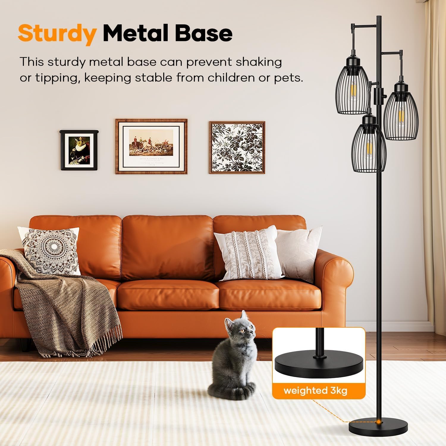 Dimmable Black Tree Floor Lamp with 3 LED Bulbs for Indoor Use