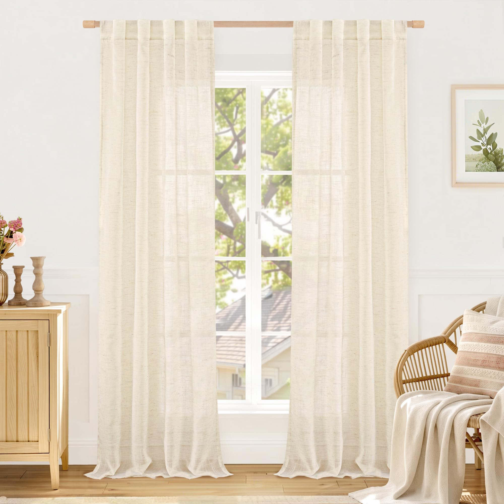 LAMIT Natural Linen Sheer Curtains 90 Inches Long 2 Panels, Long Light Filtering Window Treatments Back Tab and Rod Pocket Farmhouse Boho Panels for Living Room/Bedroom/Dining Room, 52 x 90 Inch